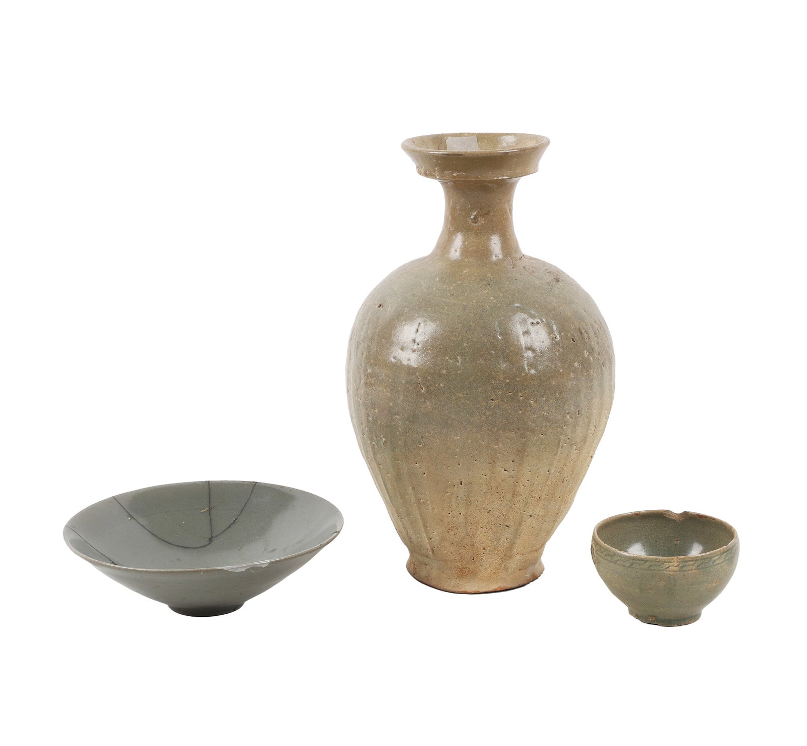 Early Korean Celadon Pottery Vase: Early Korean Celadon Pottery Vase Est. 12 c. and 13th c. Korean celadon pottery vase, repair at rim. Korean celadon tea bowl paired with a smaller deep bowl with decorated rim. Tea bowl broken into