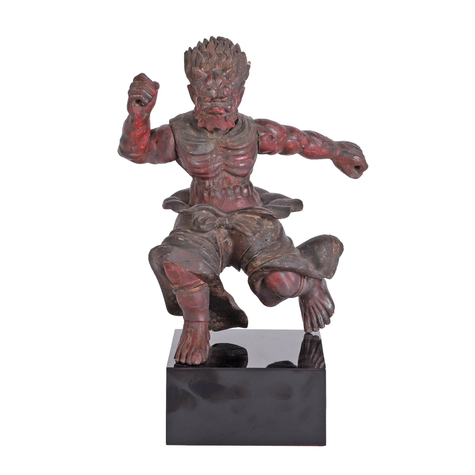 Antique Japanese Edo Period Raijin Figure: Antique Japanese Edo Period Raijin Figure A dynamic figural wood carving of the Oni Raijin, The God of Thunder. Probably from a larger vignette. Mounted on lucite base. Contained in glass case. Size: