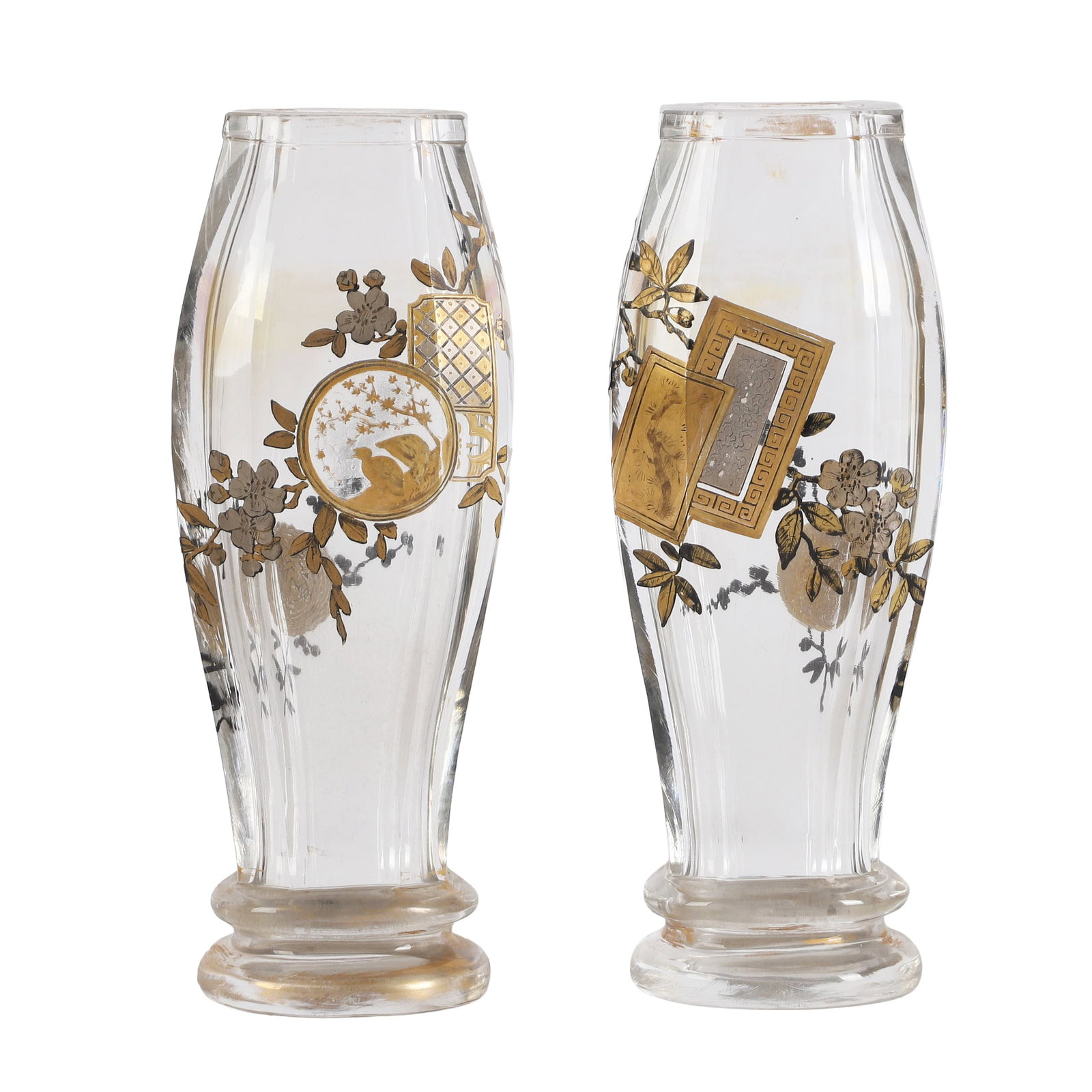 Pair of Japanese Style Enamel Vases, After Baccarat: Pair of Japanese Style Enamel Vases, After Baccarat Pair of clear glass enameled vases after Baccarat in floral Japanese motif with gilt finish. Each 8 1/8"H x 3 1/8"W x 2 1/2"D. Evident wear to
