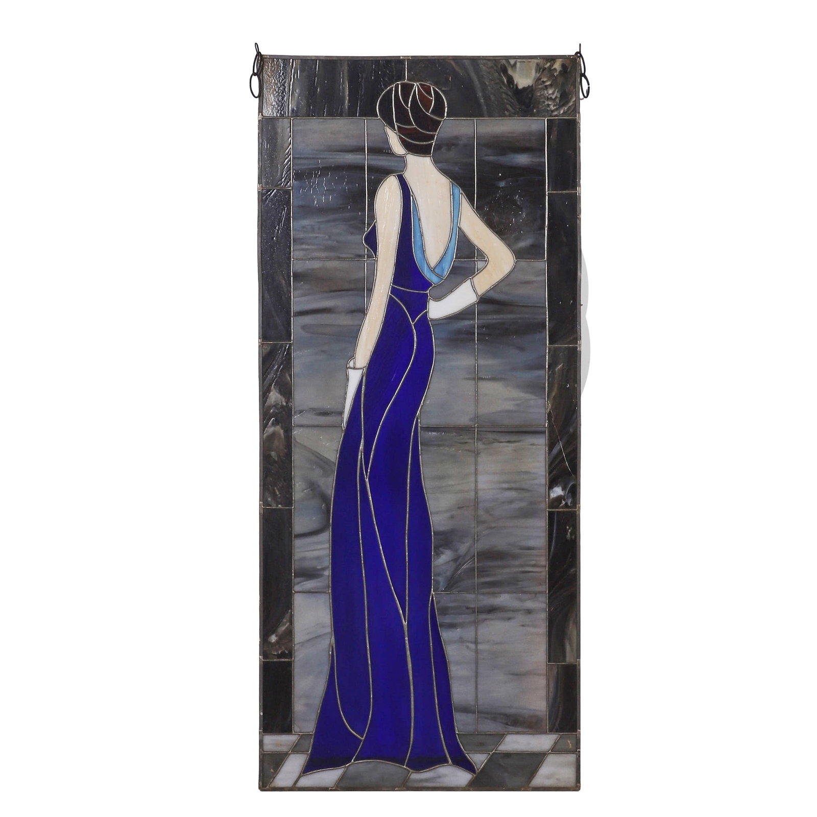 Vintage Came Glasswork Panel: Vintage Came Glasswork Panel Stained glass portrait of an elegant figure in a gown and kid gloves. 46" H x 20" W.