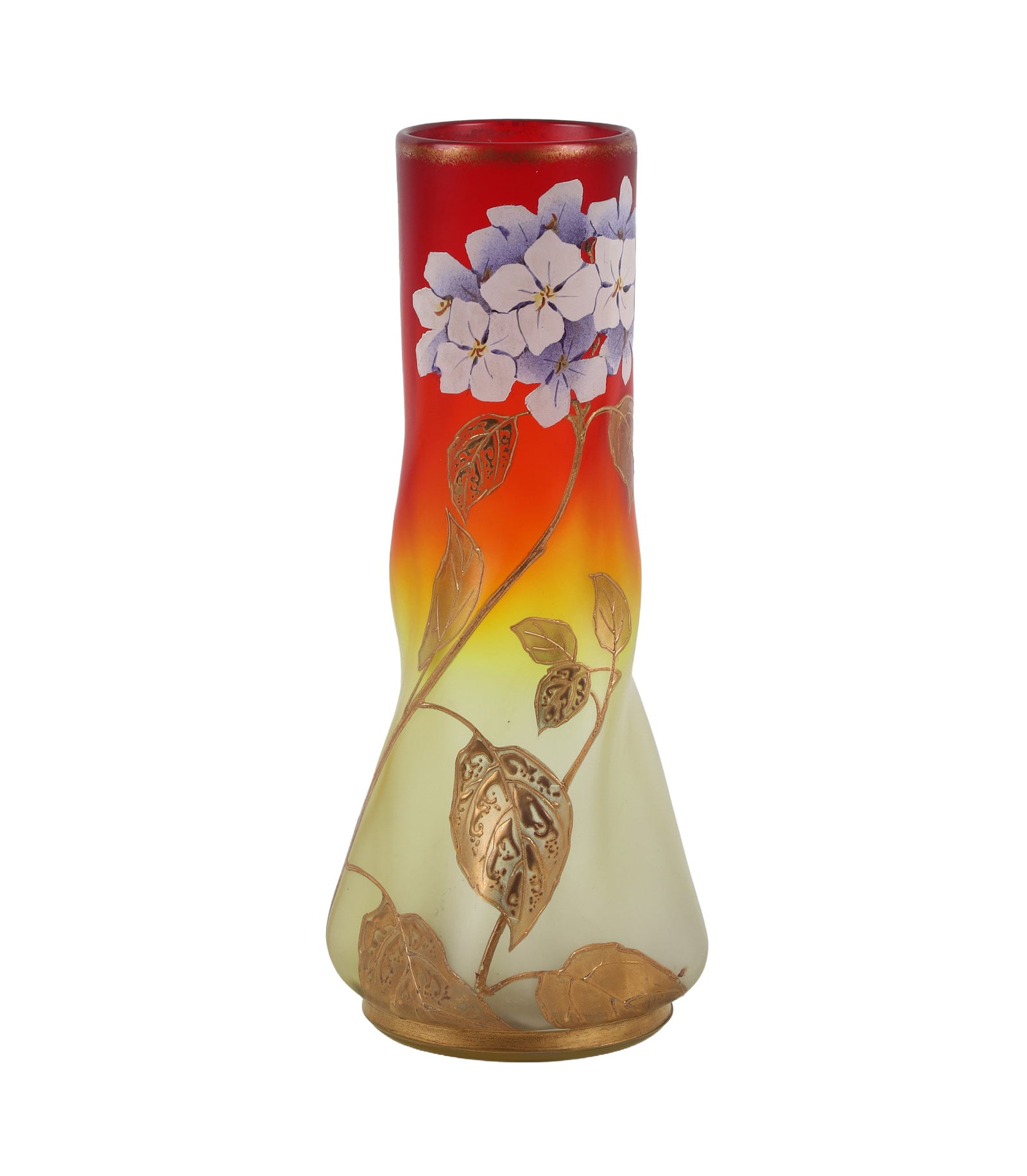 French Art Glass Vase: French Art Glass Vase Vibrant art glass vase with decorated with hand painted enamel flowers after Emile Galle or MontJoye. Ascending cylindrical twist form, no makers marks noted, 14"H x 4 3/4"W