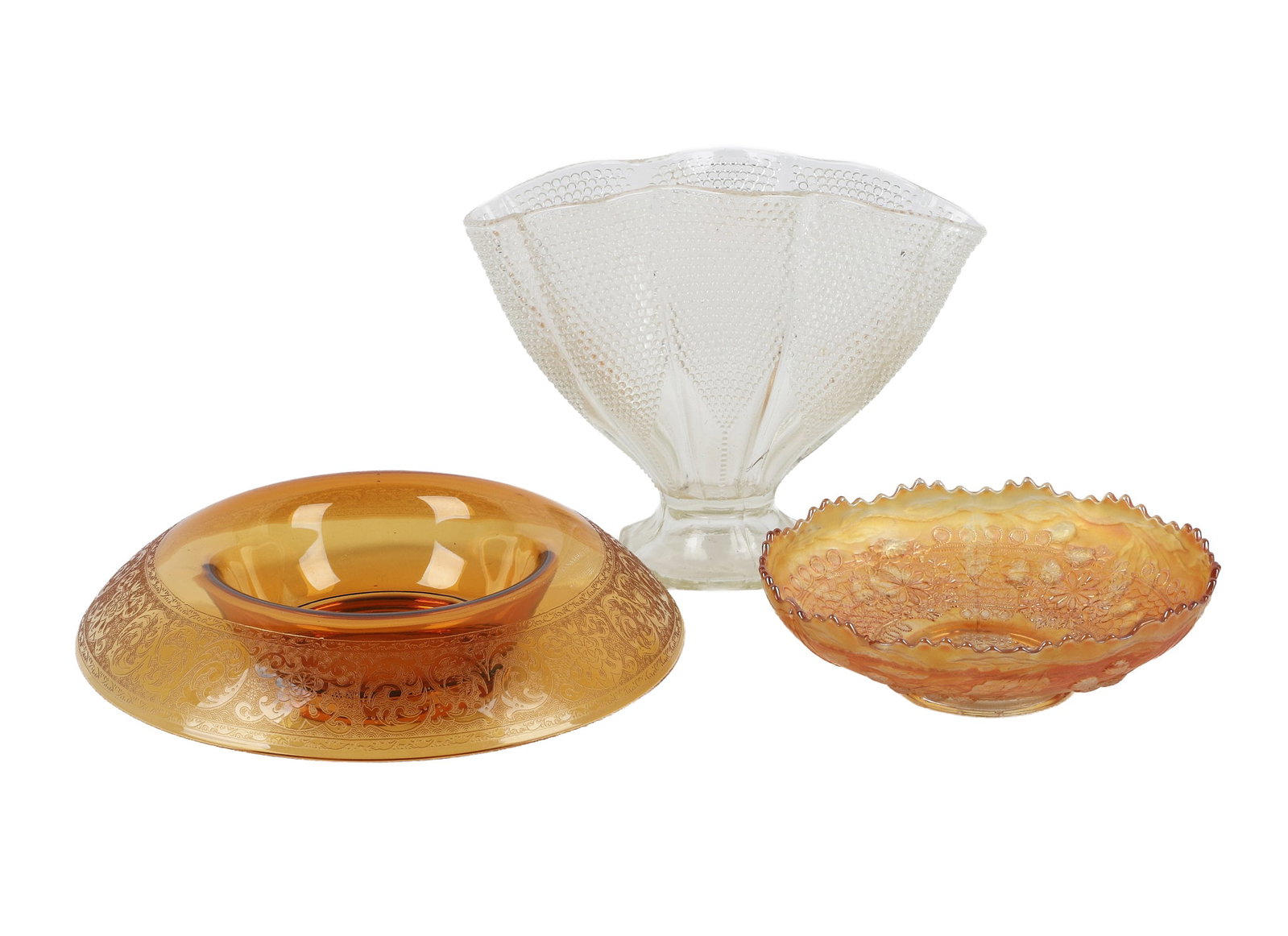 (3) Pieces of Art Glass: (3) Pieces of Art Glass To include: 1) 11 1/2"W etched amber glass centerpiece bowl. 2) 8 1/4"H L.E. Smith hobnail fan vase. 3) 8 1/4"W Fenton carnival glass bowl