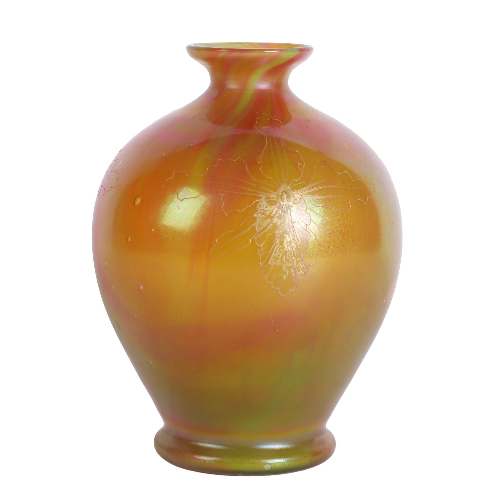 Art Nouveau Iridescent Enameled Cased Glass Vase, After Daum Nancy: Art Nouveau Iridescent Enameled Cased Glass Vase, After Daum Nancy Art Nouveau Nancy Daum style iridescent art glass vase decorated with gilt orchids. Some bubbles noted, no chips/cracks/repairs. 9 5/