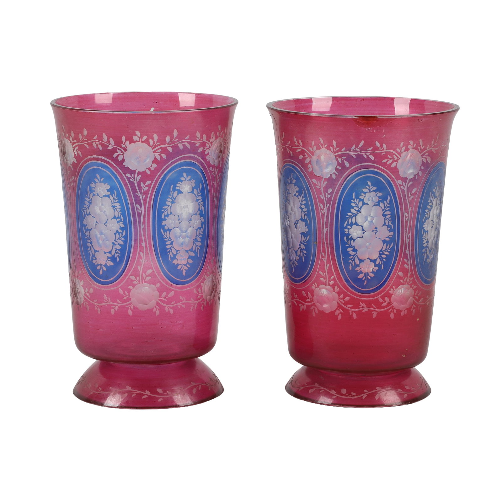 19th C. Duo of Hand Blown Cranberry and Cobalt Cut Glass Vases: 19th C. Duo of Hand Blown Cranberry and Cobalt Cut Glass Vases An extraordinary pair of 19th to late 18th c. hand blown glass vases. Likely Bohemian, these vases are formed in a rich cranberry glass w