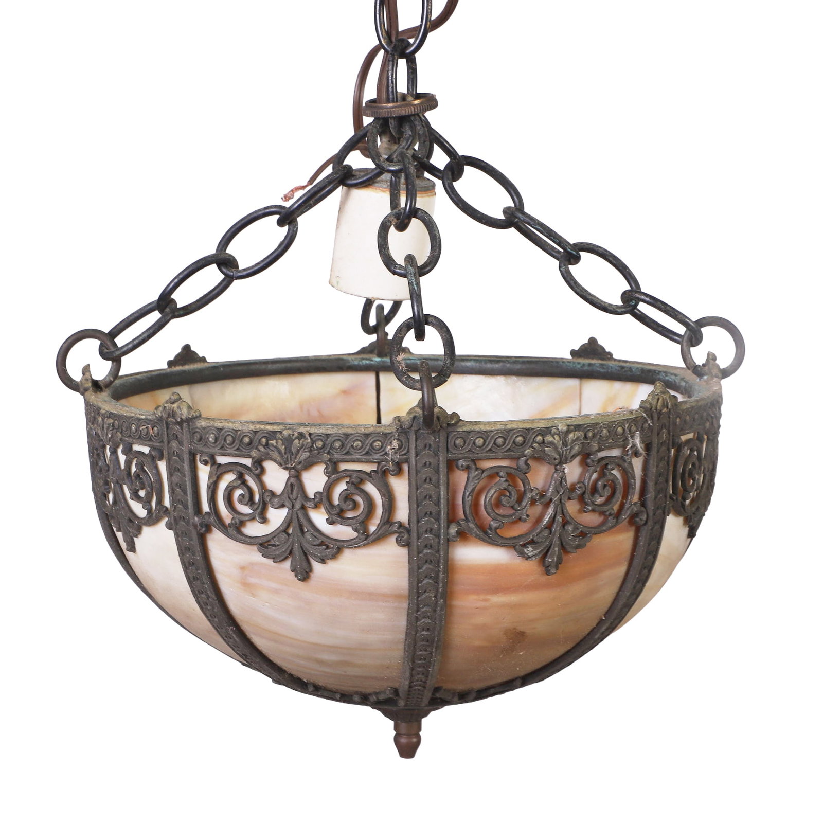 Slag Glass Pendant Lamp: Slag Glass Pendant Lamp Opaline slag glass & brass pendant lamp. 6 1/2"H x 10"W, 15"H from ceiling.