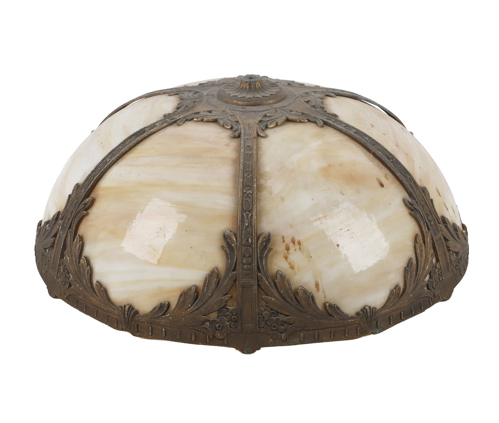 Art Nouveau Style Slag Glass Ceiling Light Shade: Art Nouveau Style Slag Glass Ceiling Light Shade Art Nouveau style dome form ceiling light shade, cast metal foliate framework enclosing marbled slag glass panels