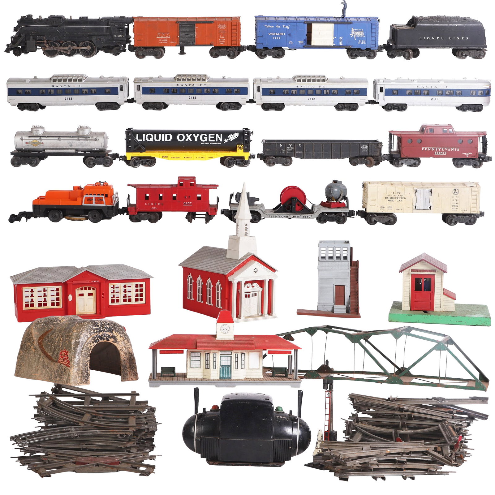 Large Group of Lionel O-Gauge Engines, Cars, Tracks & Accessories: Large Group of Lionel O-Gauge Engines, Cars, Tracks & Accessories Extensive Lionel o gauge model train collector's lot with assorted engines, cars, tracks & accessories featuring: 1) (4) postwar Santa