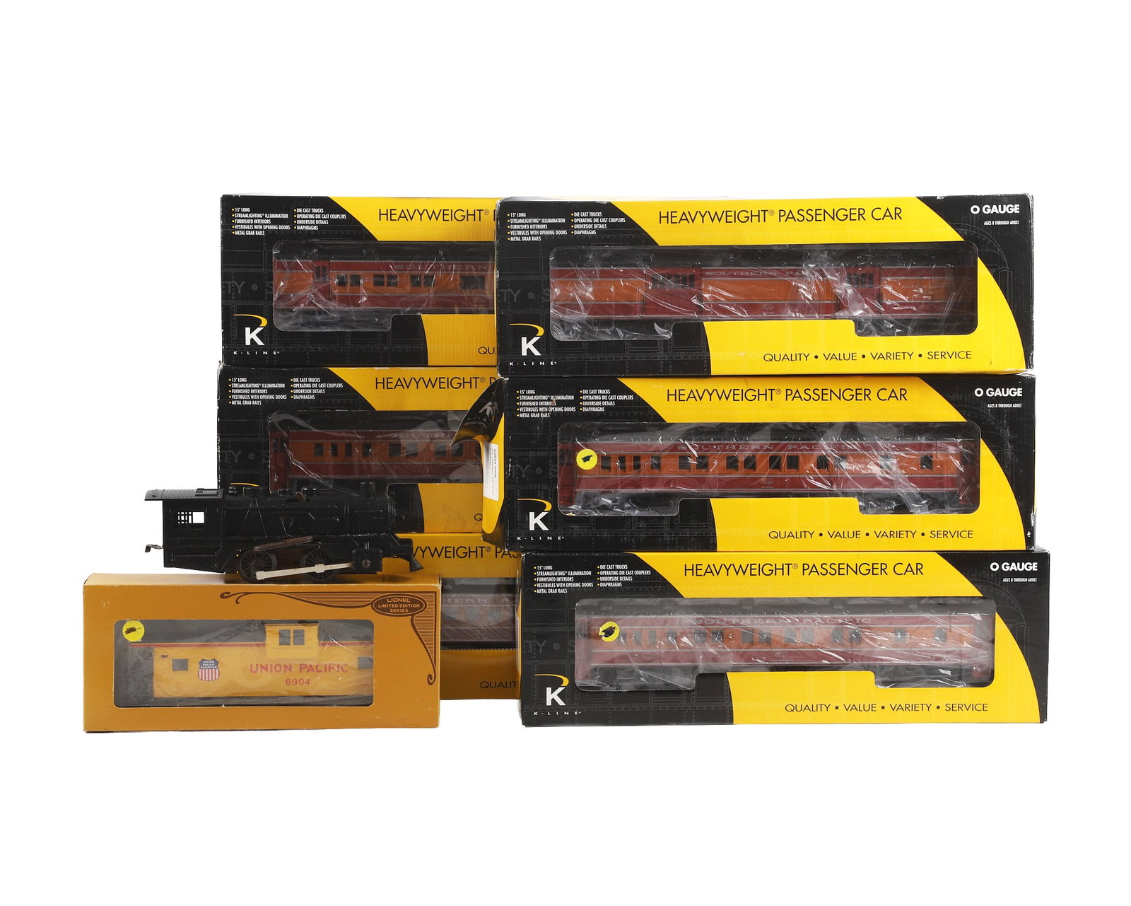 (8) K-Line 'Southern Pacific' Passenger Car Set + Extras: (8) K-Line 'Southern Pacific' Passenger Car Set + Extras Lot of (6) in-box O-Gauge K-Line 'Southern Pacific' daylight passenger set to include diner car, observation, baggage, coach, De Wolf Pullman &