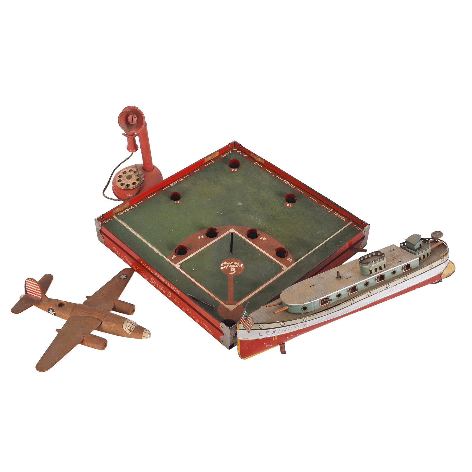 (4) Vintage Toy Group To Include Carl Hubbell Strike 3 Baseall game: (4) Vintage Toy Group To Include Carl Hubbell Strike 3 Baseall game Vintage Toy Group to Include a Carl Hubbell Strike 3 Baseball game, a wooden airplane, a telephone and a tin toy boat "Lexington"..