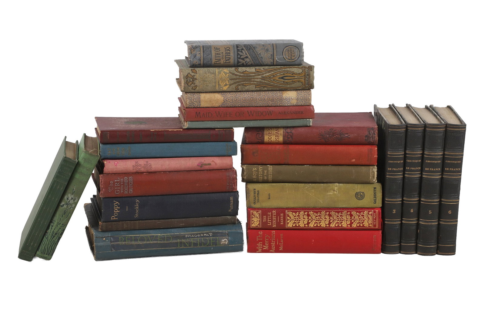 (24) Collection of Antique Books: (24) Collection of Antique Books (24) Mixed collection of antique books with a wide range of genres & publication dates, though many are late 19th/early 20th c. editions. Includes classics like Jonath