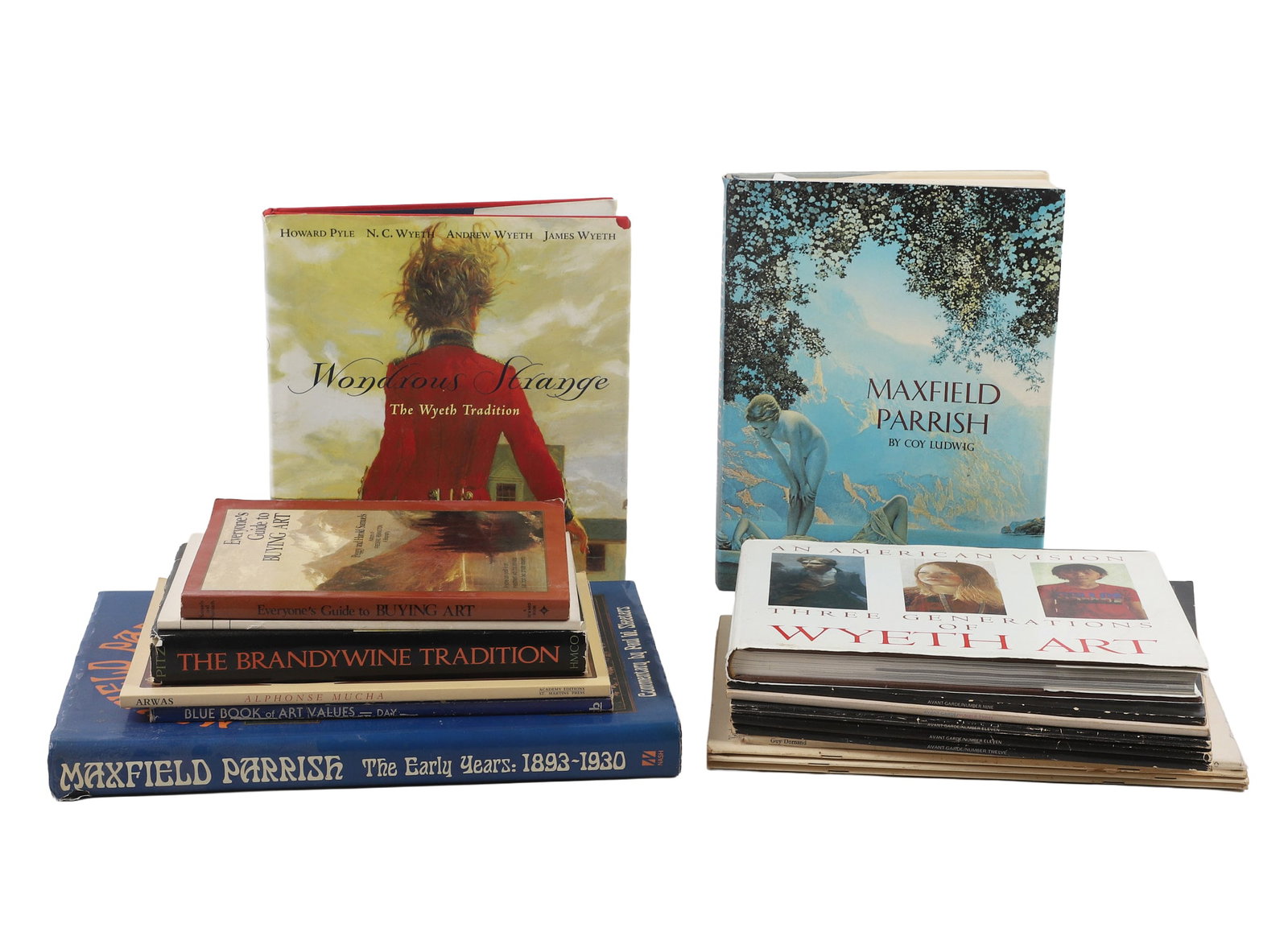 Art Books & Magazines Lot: Art Books & Magazines Lot Mixed lot of art books & magazines featuring hardcover books on Maxfield Parrish, the Wyeths, Howard Pyle & more. Also includes price guides, (5) MCM Avant Garde magazines
