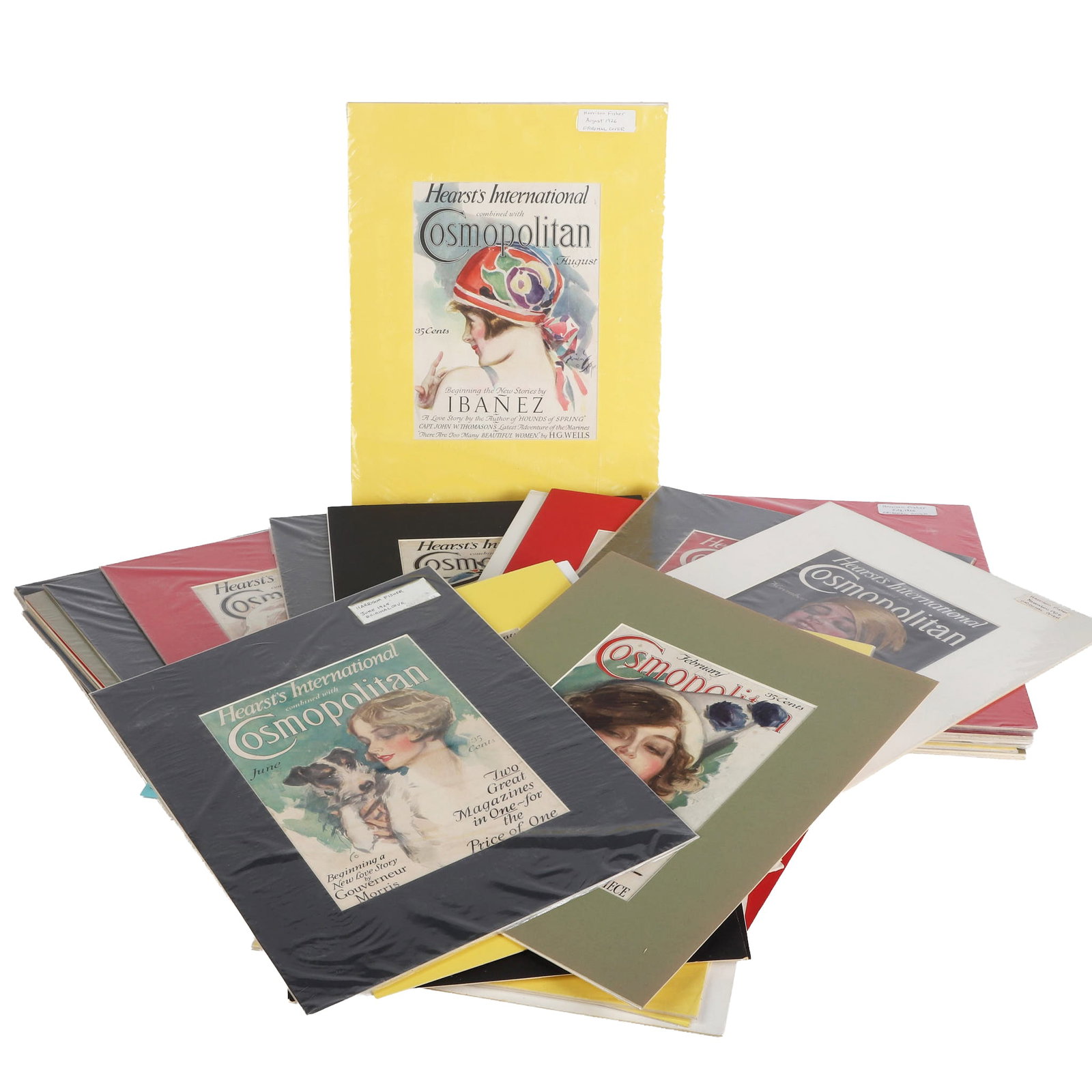 Collection of Cosmopolitan Magazine Covers: Collection of Cosmopolitan Magazine Covers Collection of (30) early Cosmopolitan magazine covers primarily from the 1920s. Also includes (4) from Love and Good Housekeeping. All in paper frames with