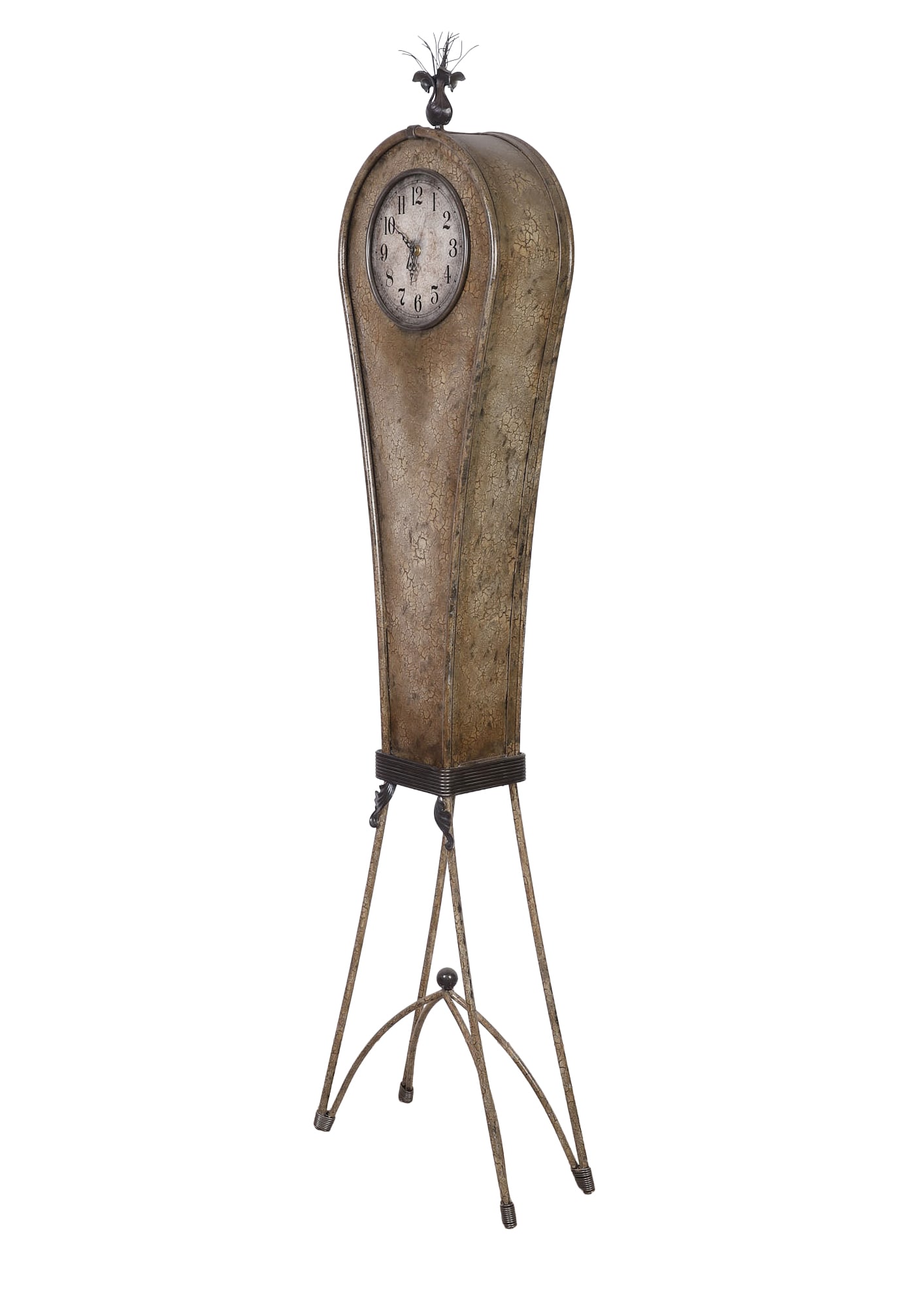 Decorative Metal Tall Case Clock: Decorative Metal Tall Case Clock Wrought iron and sheet metal body with acanthus flourishes, wrapped coil feet, and stylized thistle finial. Distressed paint finish. Quartz clock movement. Size: 79"