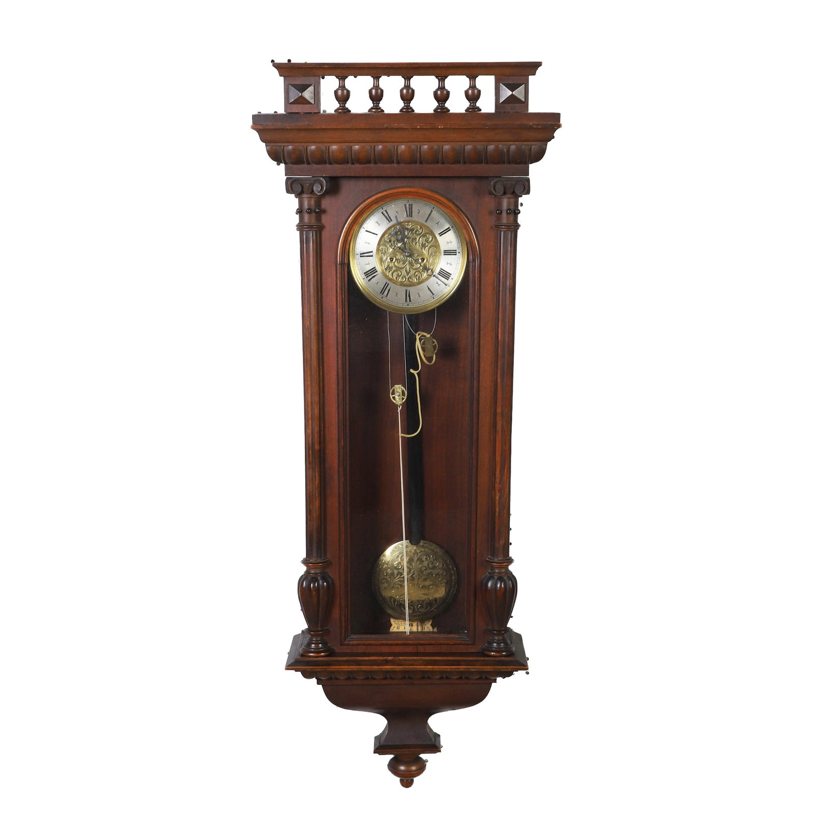 German Style Regulator Wall Clock: German Style Regulator Wall Clock German style regulator wall clock, Roman numeral gilt face w/ pendulum., weights separate, no makers marks visible without removing movement. 48"H x 17 3/4"W x 7
