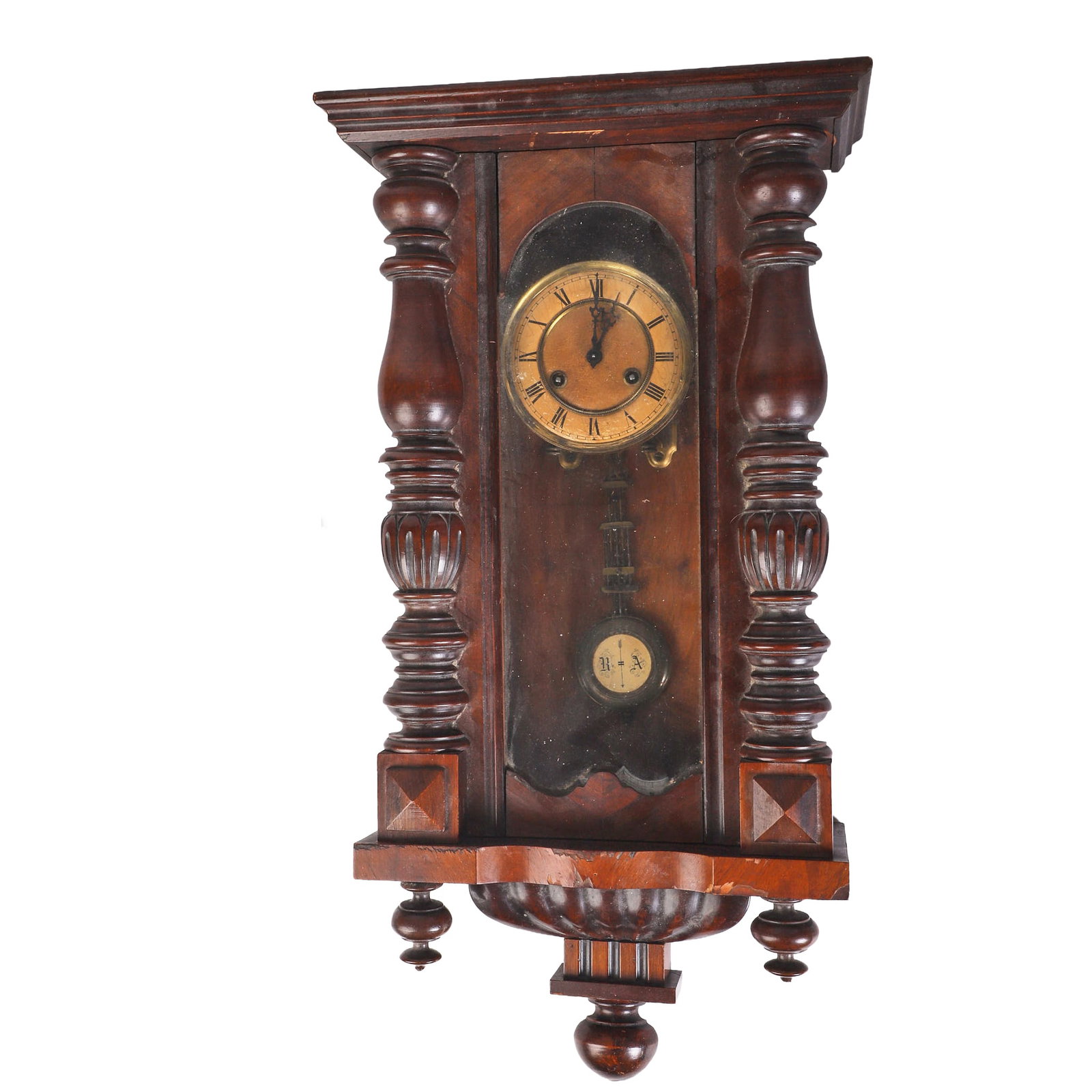 Junghans German Wall Clock.: Junghans German Wall Clock. Junghans German Wall Regulator Clock, late 19th/early 20th C., spring driven time and strike movement, painted Roman numeral dial in a walnut case with turned columns and g