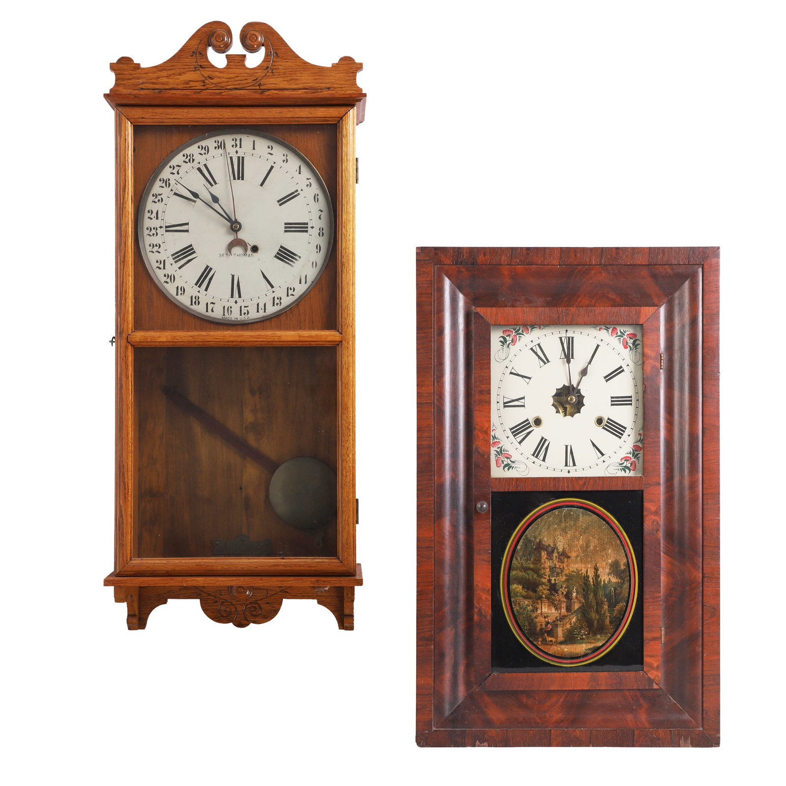 (2) Seth Thomas Clocks, Ogee & Regulator: (2) Seth Thomas Clocks, Ogee & Regulator (2) Antique Seth Thomas clocks, including: 1) 15 1/2"W x 25 1/4"H x 4"D dark wood ogee clock with Roman numeral face and an applied villa scene on the door.