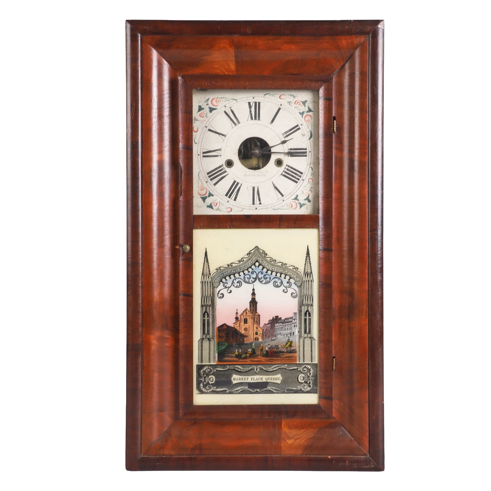Antique 'Market Place, Quebec' Ogee Clock: Antique 'Market Place, Quebec' Ogee Clock Antique dark wood ogee clock, Roman numerals on painted wooden face with faded makers mark, made in Bristol, Connecticut. Beautiful applied scene of the
