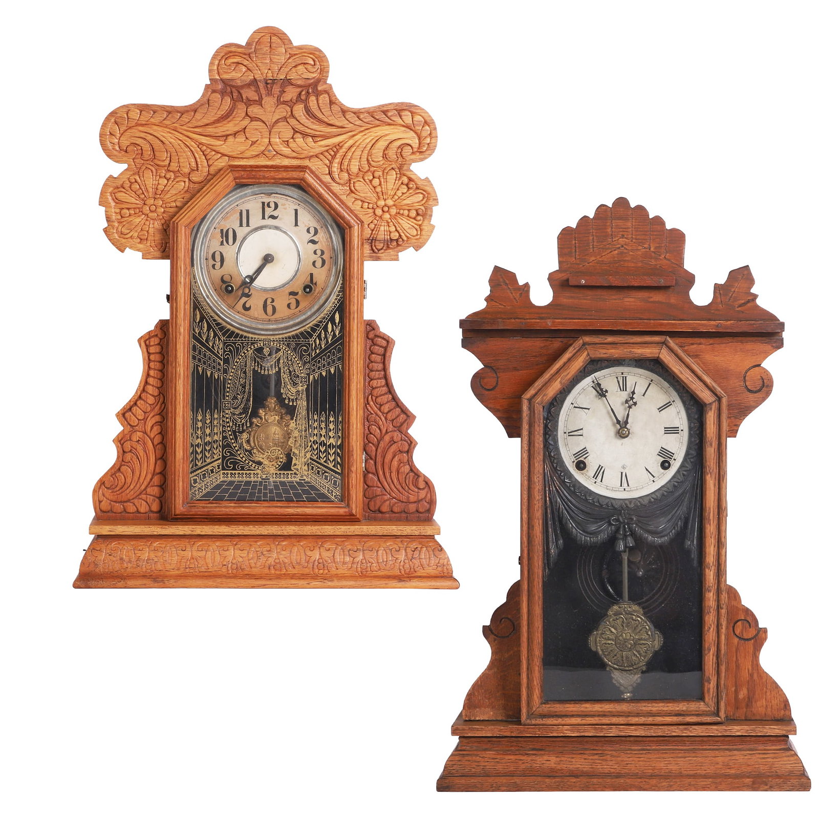 (2) W.L. Gilbert Clock Co. Mantel Clocks: (2) W.L. Gilbert Clock Co. Mantel Clocks (2) Pressed oak mantel clocks to include: 1) 'Regal No. 20' Roman numeral face surrounded by metal decorative fitting. Left accent piece is loose, 13 3/4"W x