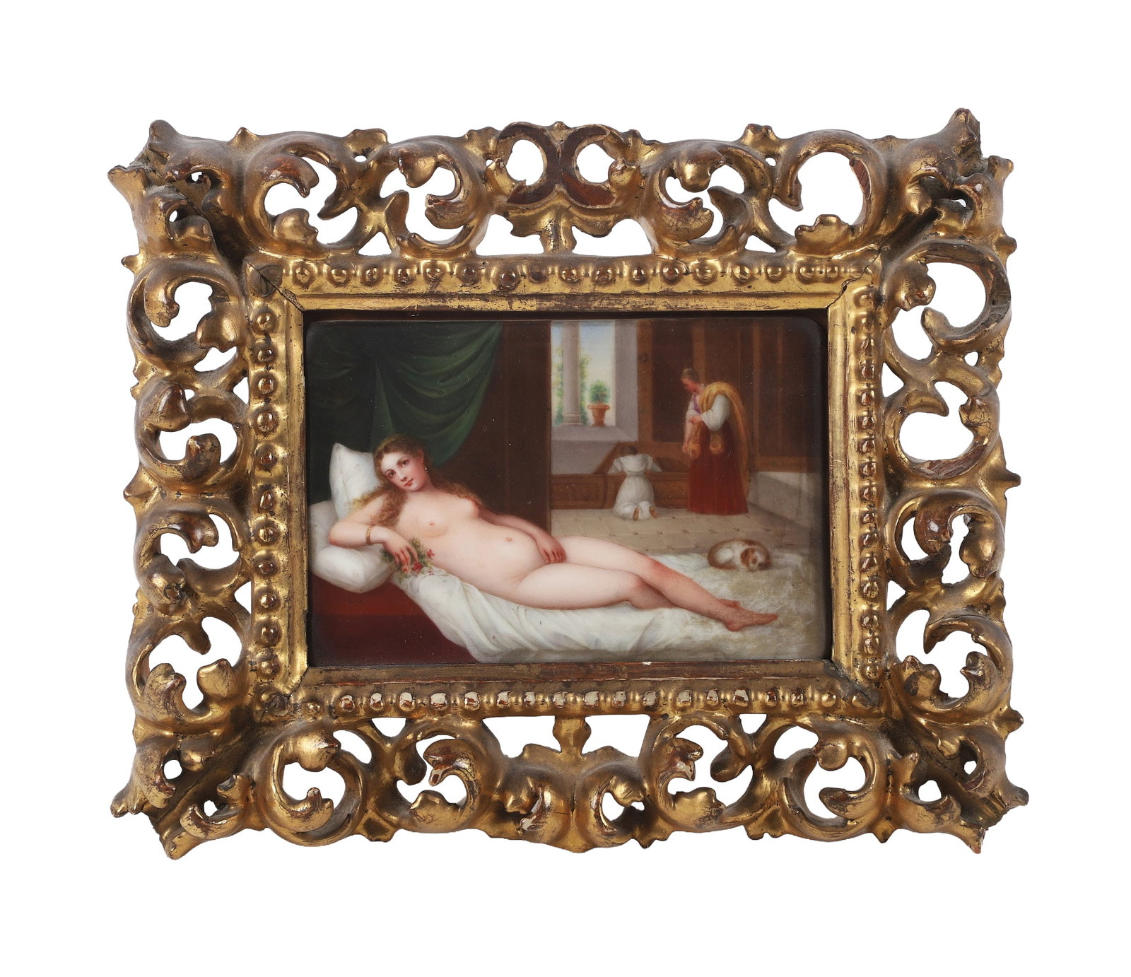 KPM Porcelain Plaque 'Venus of Urbino', After Titian.: KPM Porcelain Plaque 'Venus of Urbino', After Titian. Beautiful KPM porcelain plaque after Italian Renaissance master Titian's (1488/1490-1576) 'Venus of Urbino' set in an elaborately gilt openwork fr