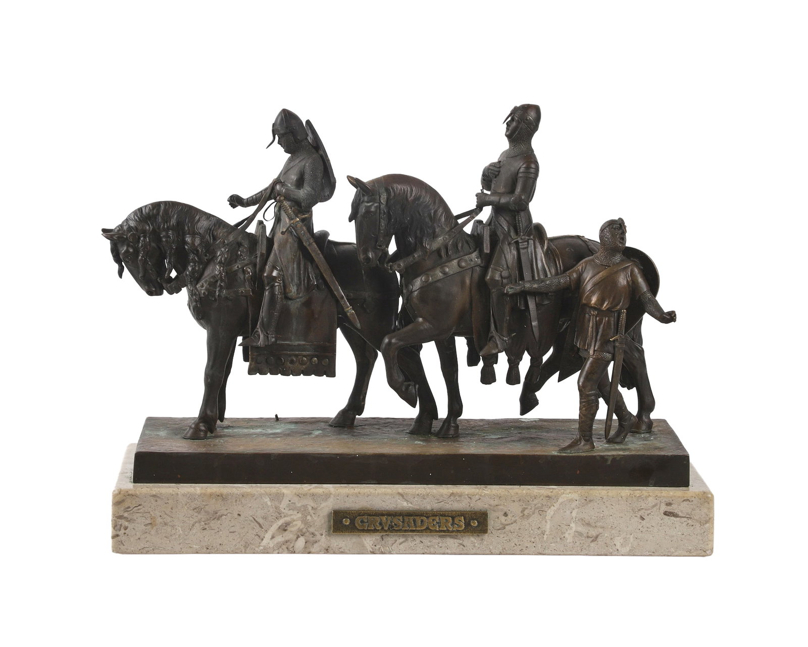 Alphonse Titze (Austrian, 20th C) Figural Bronze Group: Alphonse Titze (Austrian, 20th C) Figural Bronze Group Titled: Crusaders. An exemplary vignette of knights, and steeds. Set atop a marble base. Size: 13" H overall on 17" W x 6.75" D base.