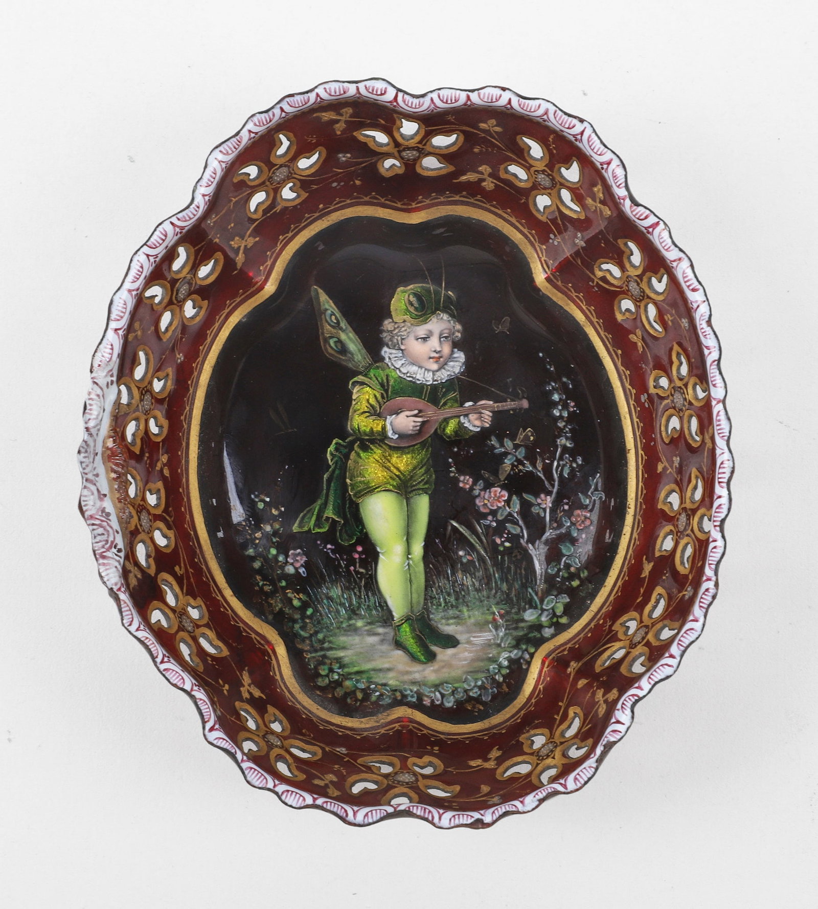 Finely Enameled Continental Porcelain Bon Bon Dish: Finely Enameled Continental Porcelain Bon Bon Dish Reticulated basket-form dish with a lute-playing pixie depicted among the flowers. Evidence of careful repair to the rim. 1.5" H x 5.25" W x 4.5" D