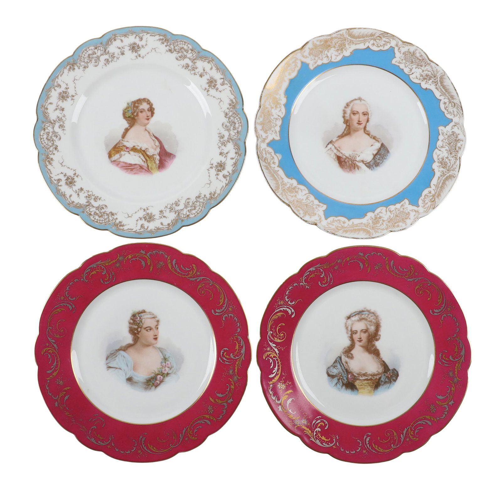 (4) 1846 Sevres 'Chateau De St. Cloud' Porcelain Portrait Cabinet Plates: (4) 1846 Sevres 'Chateau De St. Cloud' Porcelain Portrait Cabinet Plates (4) 1846 Sevres porcelain cabinet plates decorated with portraits of French royalty. All plates show scalloped rims with Rococo