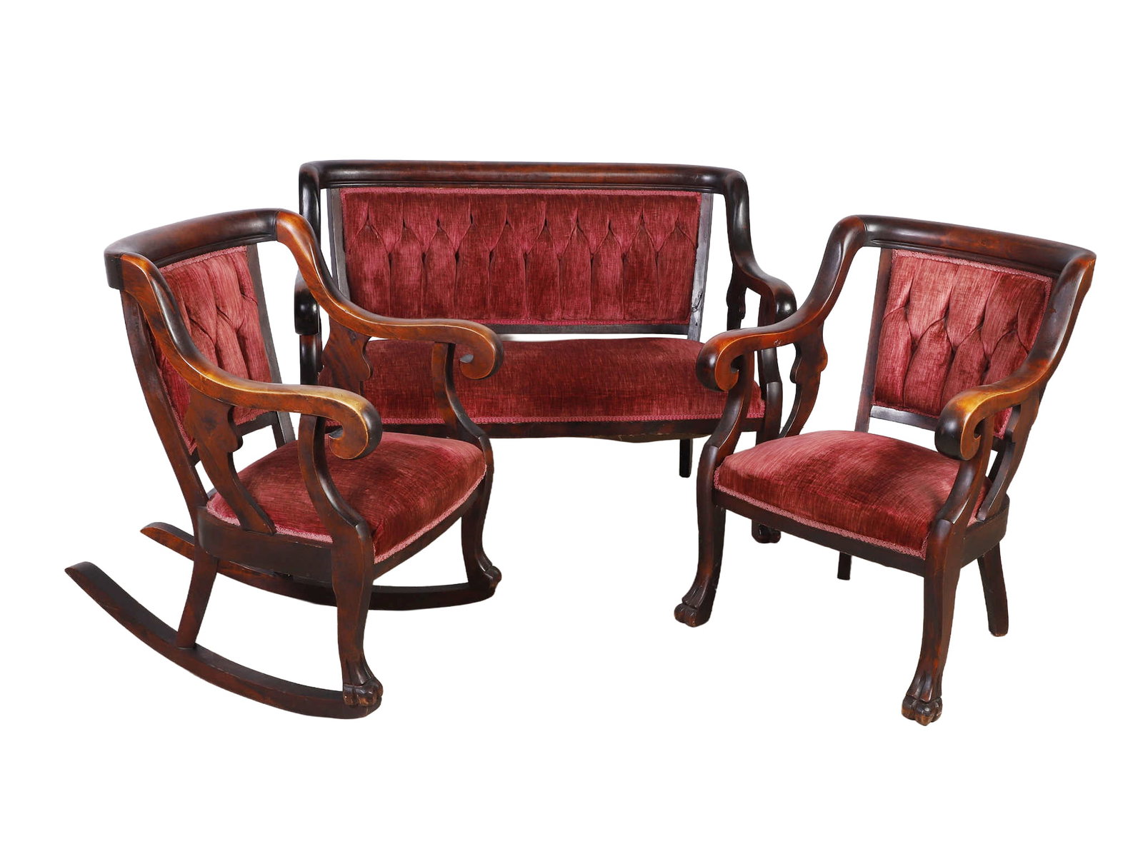 (3) Piece Victorian Walnut Parlor Set, late 19th C.: (3) Piece Victorian Walnut Parlor Set, late 19th C. Victorian Parlor Settee along with rocking chair and armchair, each with tufted upholstered backs, scrolling arms, and cabriole legs with pad feet, 