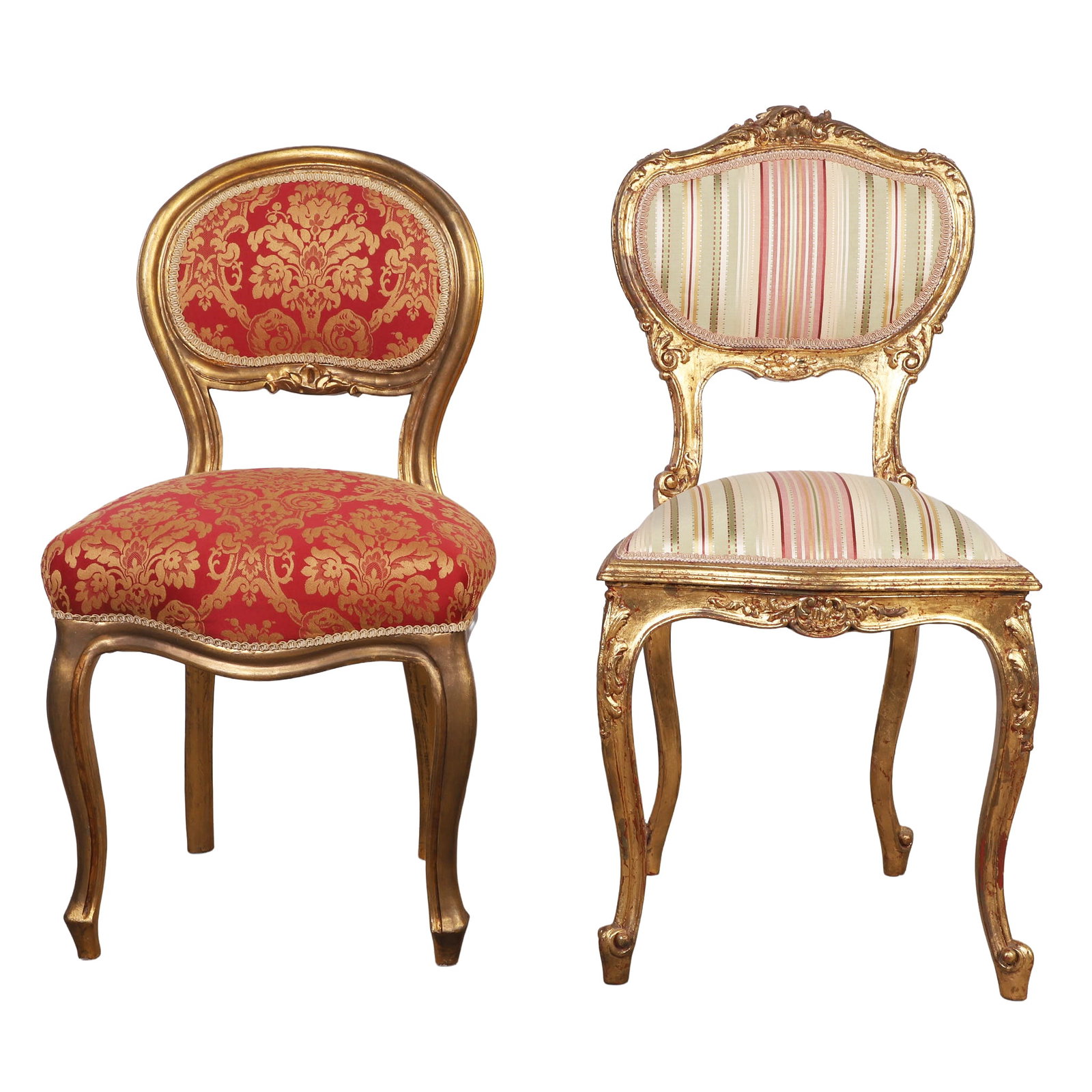 (2) French Giltwood Side Chairs: (2) French Giltwood Side Chairs Consisting of a French Rococo style upholstered side chair with a carved and gilded frame, 36" H x 17.5' W x 16" D, and a Louis XV style upholstered balloon-back chair 