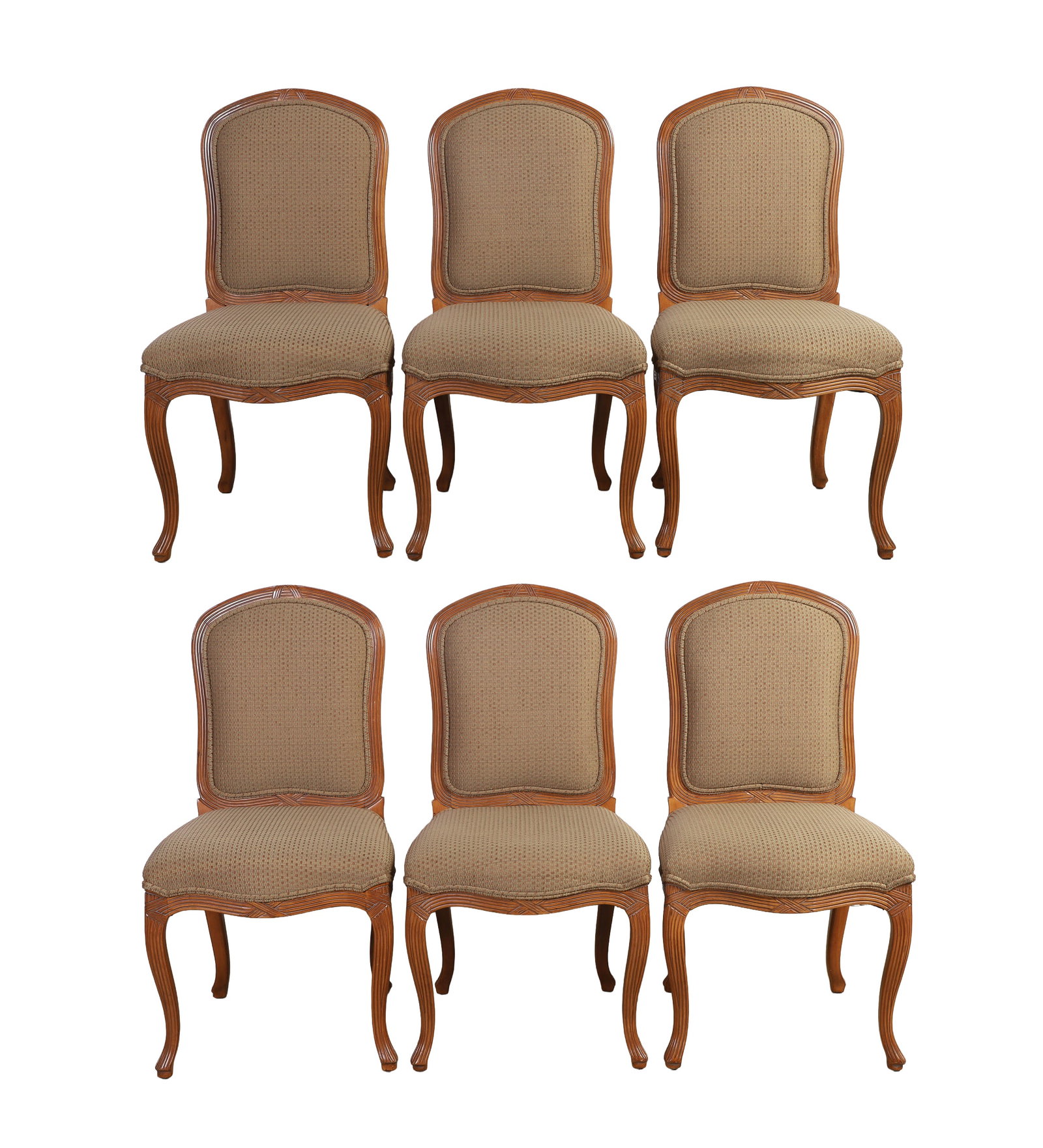 (6) Set Of French Provincial Style Dining Chairs: (6) Set Of French Provincial Style Dining Chairs Set of (6) French Provincial Style upholstered dining chairs, each chair with arched crests, carved wood frame with faux cane detail to the back, suppo