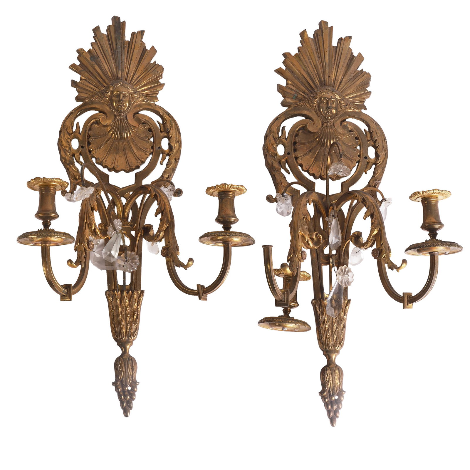 (2) French Style Brass Wall Sconce: (2) French Style Brass Wall Sconce Pair of French style two-armed wall sconces decorated with crystal drops and topped with a figural relief of a woman. One needs bobeche reattached, each 24"H x 15"W