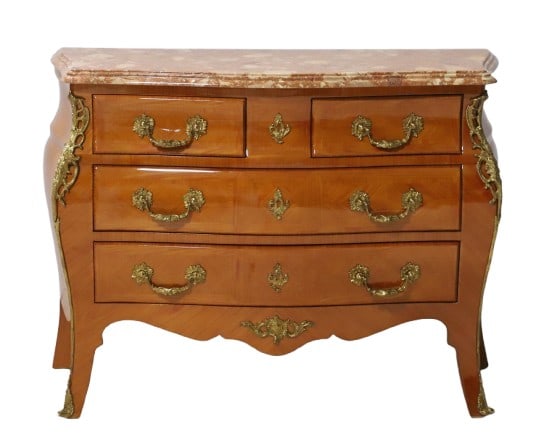 French style marquetry satinwood bombe marble top commode (1 of 8)