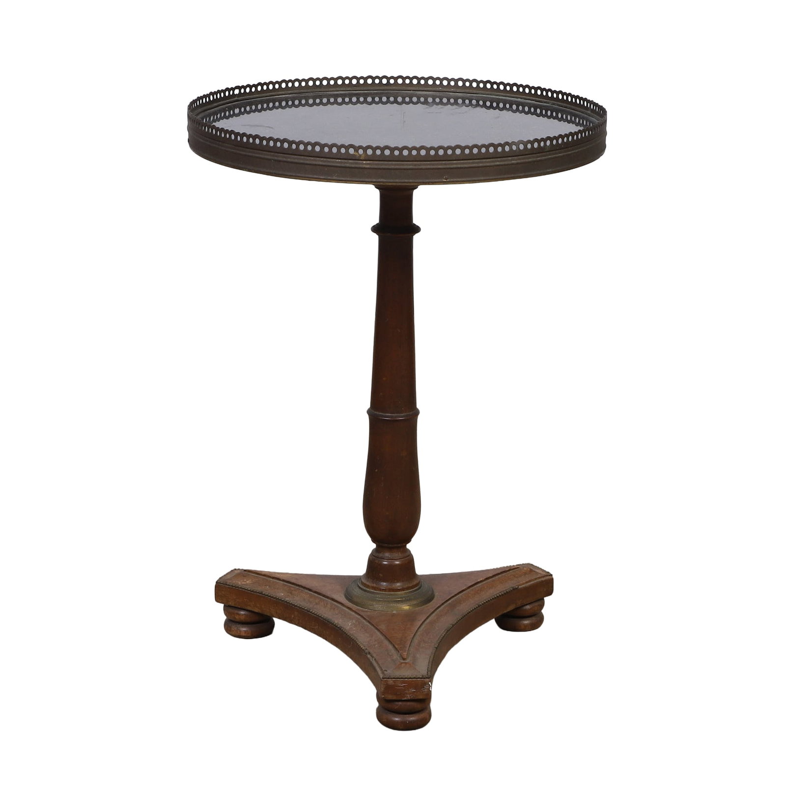 Diminutive French Empire Style Gueridon, C. 1940s.: Diminutive French Empire Style Gueridon, C. 1940s. Gallery marble top drinks table in the French Empire style. Stamped "Made in France," 19" H, with a 13.75" diameter top.