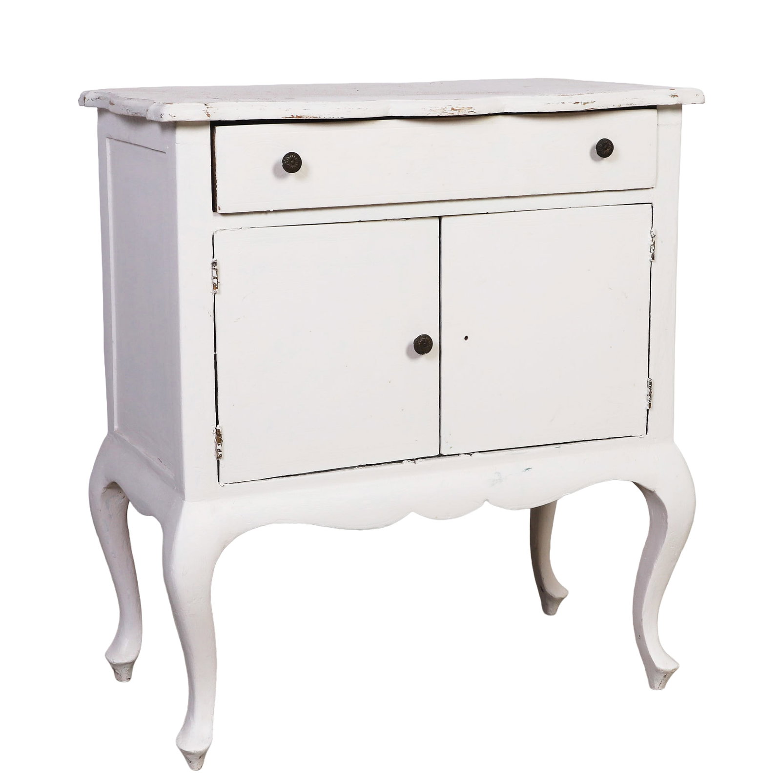 French Provincial Style Cabinet: French Provincial Style Cabinet Painted French Provincial Style Cabinet, single drawer over a two door cabinet, scalloped apron and cabriole legs, finished in distressed white paint, age and use relat
