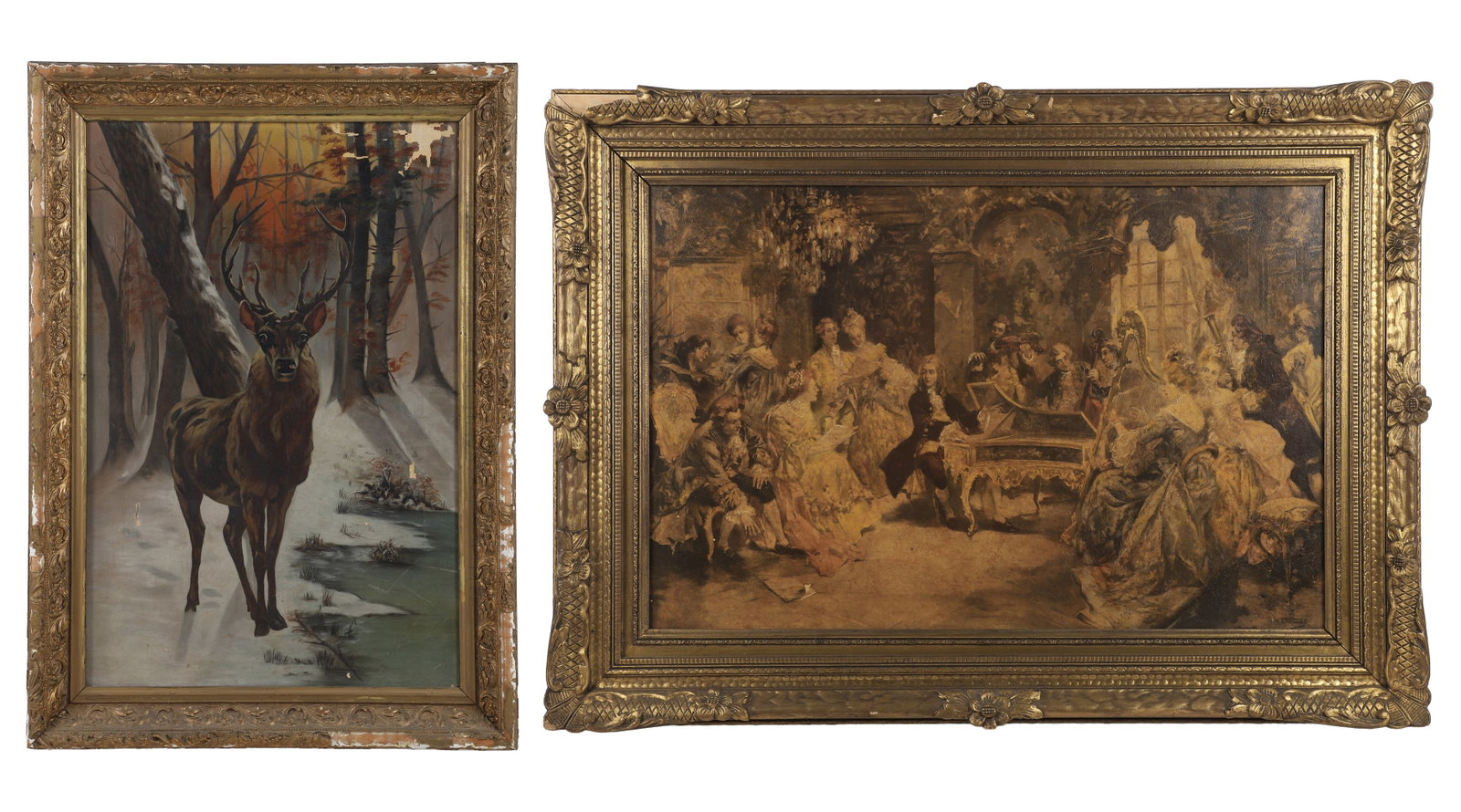 (2) Decorative Continental Salon Style Works: (2) Decorative Continental Salon Style Works Consisting of a reproduction of a French Courtesan Society scene printed on board and a depiction of a stately elk in the forest painted on canvas. Losses 