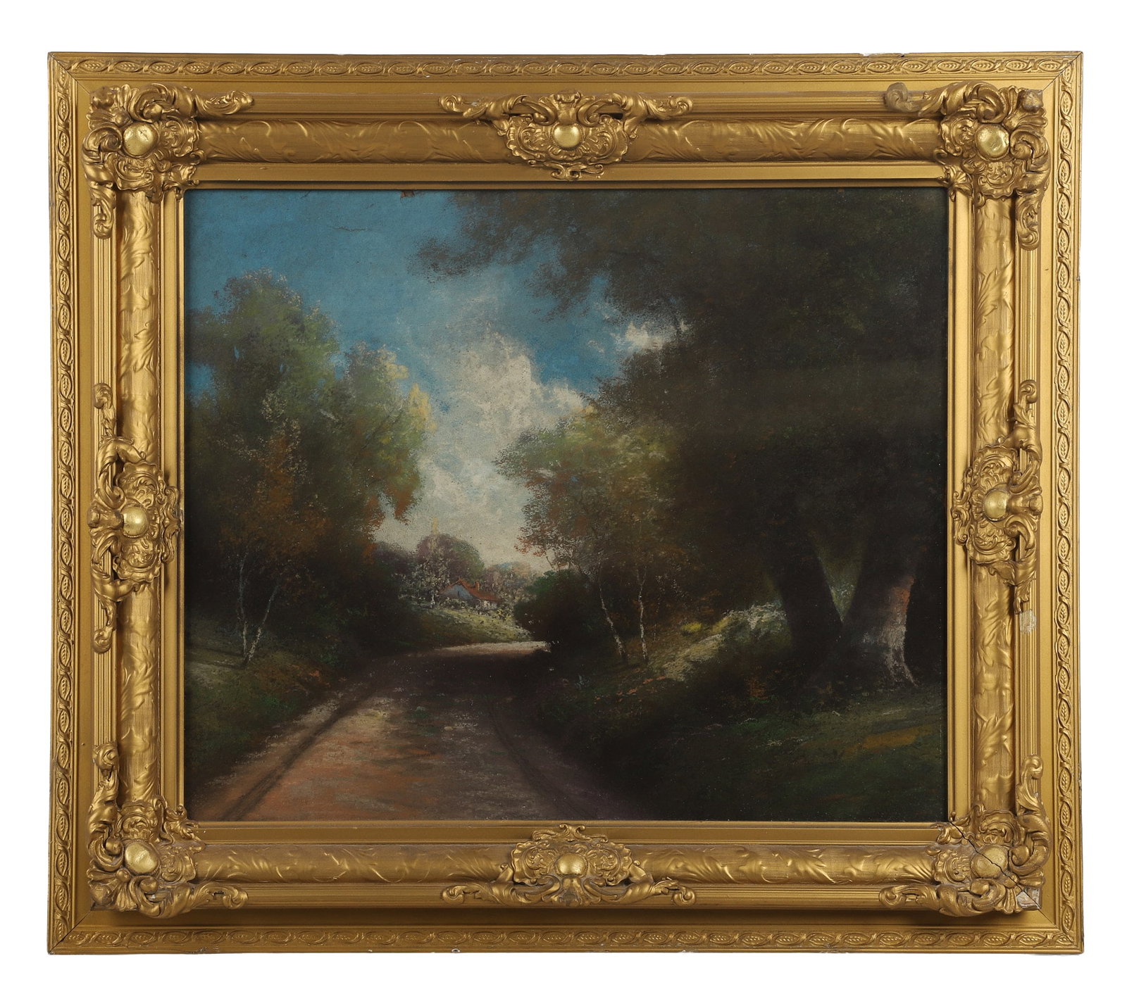 Continental Barbizon School Pastel Landscape, 19th C.: Continental Barbizon School Pastel Landscape, 19th C. Pastoral painting depicting contrasts in shadow and light over a country lane homestead. Under glass in a gilded gesso over wood frame. Not examin