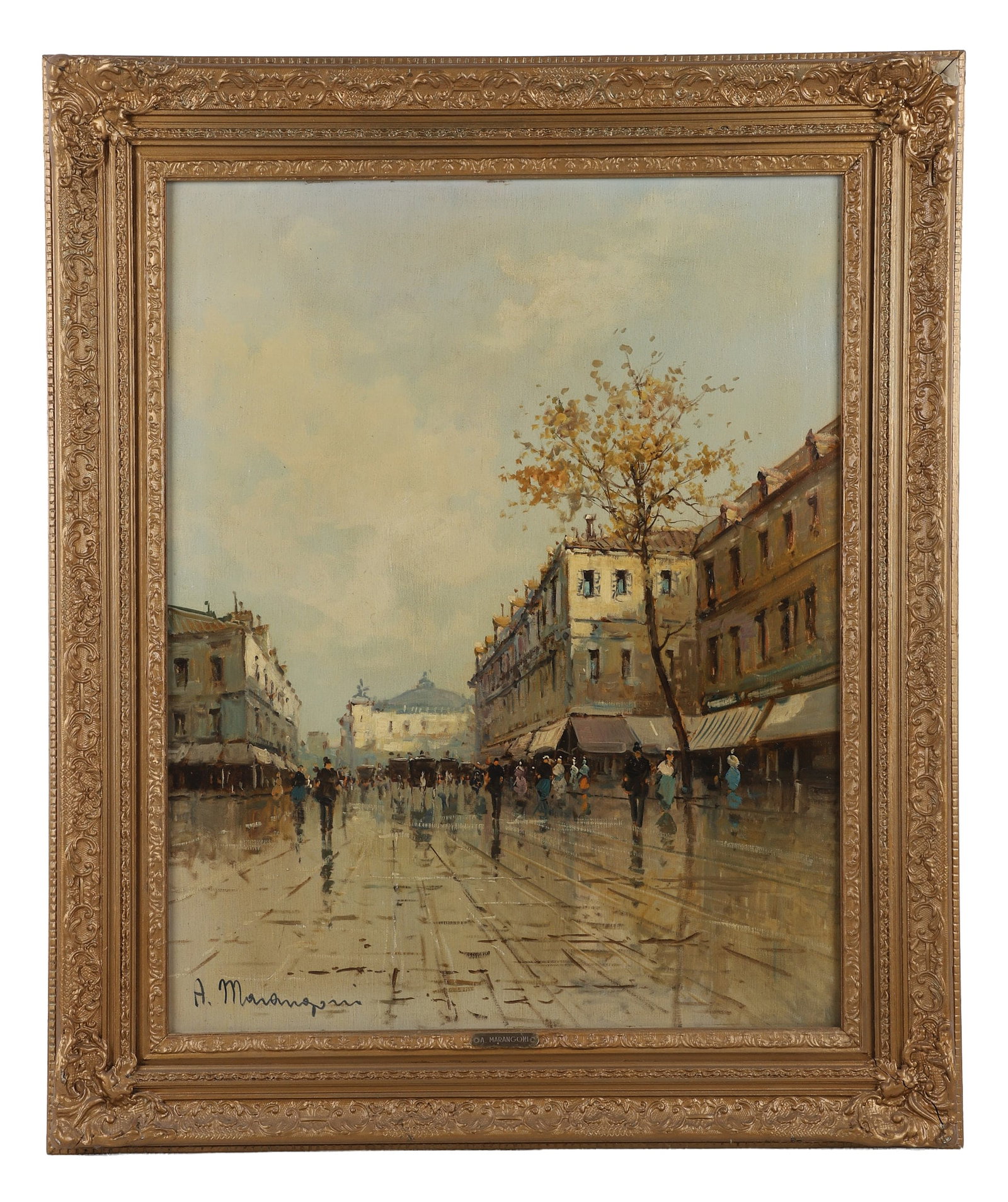 Aldo Marangoni (20th C) Paris Street Scene Painting: Aldo Marangoni (20th C) Paris Street Scene Painting A plein air oil on canvas depicting a busy street scene. Signed lower left. In a gilt wood frame. 29" H x 22.5" W, sight, 37" H x 30" W, frame.