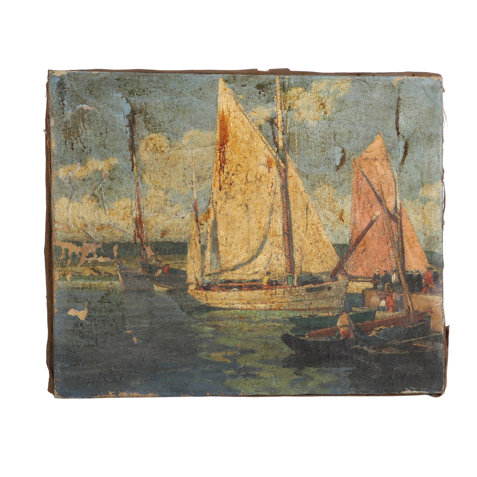 Paul Esbach (1881-1961) Maritime Painting: Paul Esbach (1881-1961) Maritime Painting 20th-century dockside port painting. Oil on canvas, signed in the lower left corner. Pencil inscription illegible on the stretcher. Losses noted. 20" H x 24' 