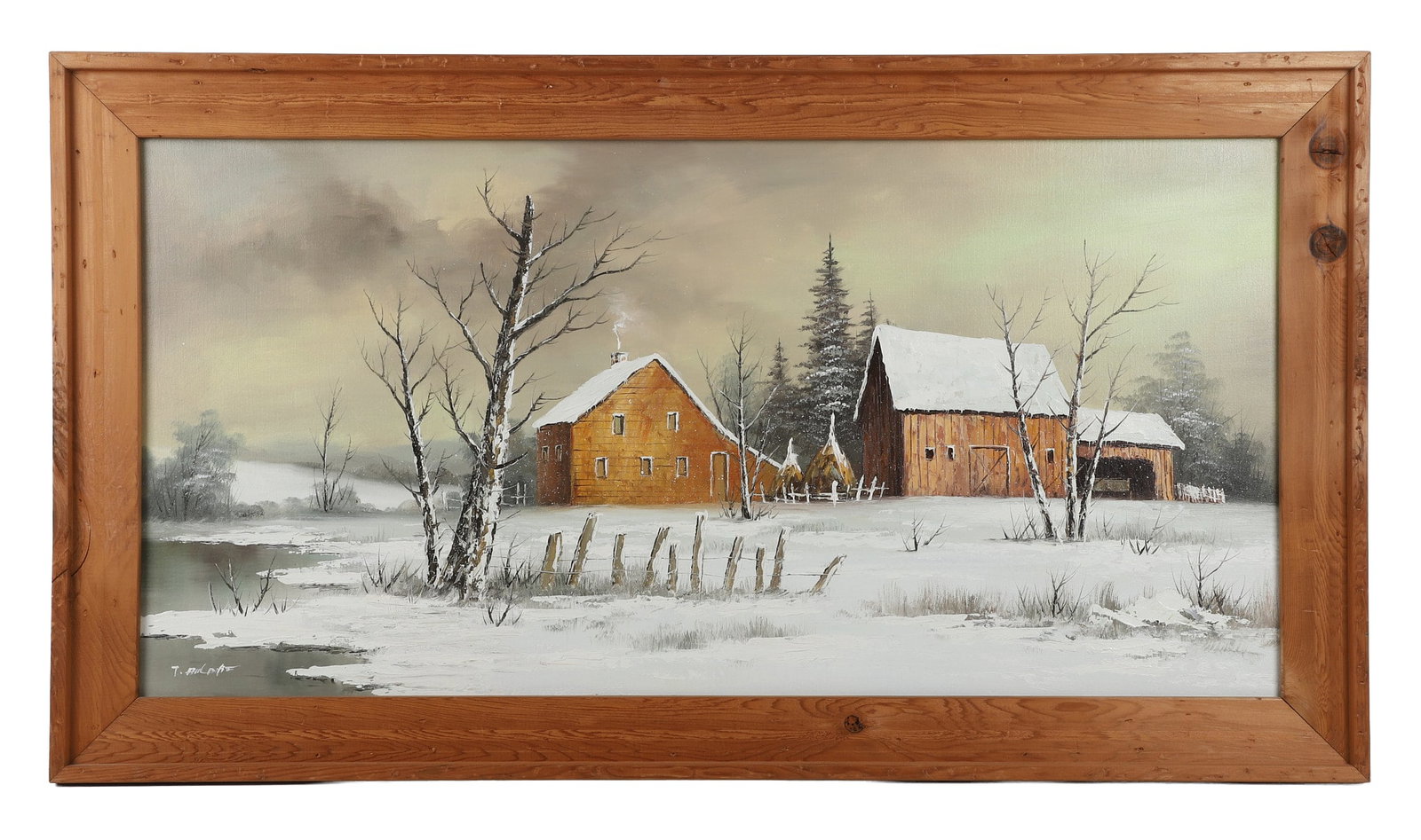 Vintage Oil on Canvas Landscape, 20th C.: Vintage Oil on Canvas Landscape, 20th C. Winter time farmstead scene. Oil on canvas with palette knife stroke embellishments. Signed lower left indistinctly. Framed in a rustic knotty pine frame. 23.2