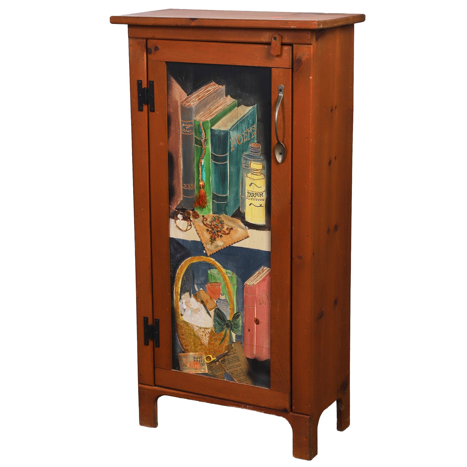 Primitive Pine Cabinet with Trompe L'oeil Decorated Door: Primitive Pine Cabinet with Trompe L'oeil Decorated Door Folk art decorated chimney cabinet with a whimsical trick-of-the-eye still life painting on the panel door. Finished with a spoon handle. 42" H