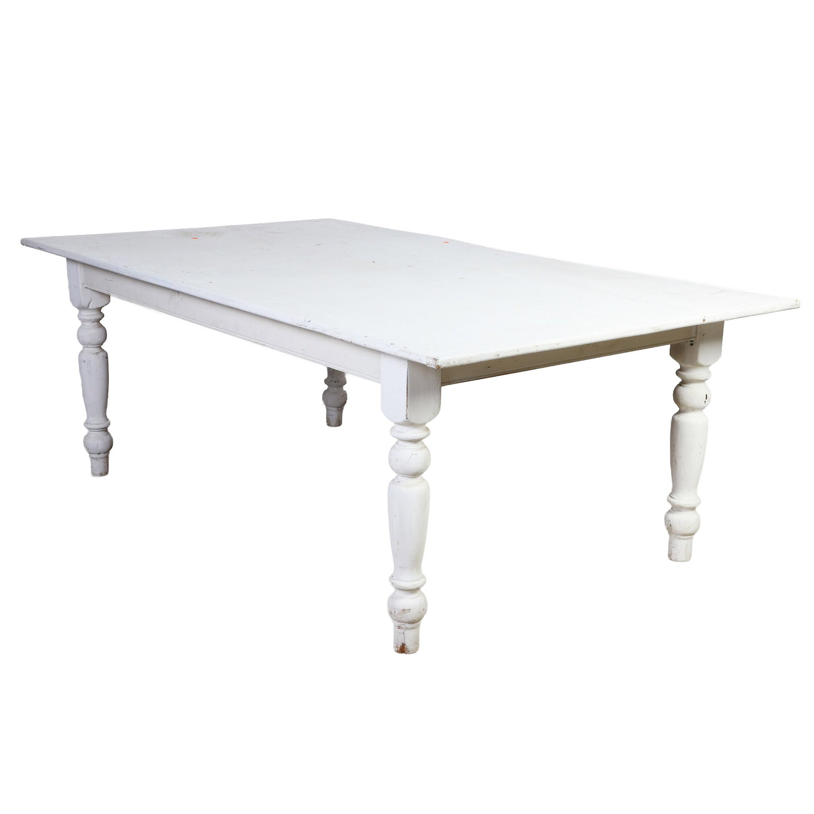 Whitewashed Oak Country Farm Table, 4' x 7' Top.: Whitewashed Oak Country Farm Table, 4' x 7' Top. A sizeable breadboard plank table over turned balustrade legs. Bench made from salvage components. 30" H x 84" W x 48" D.