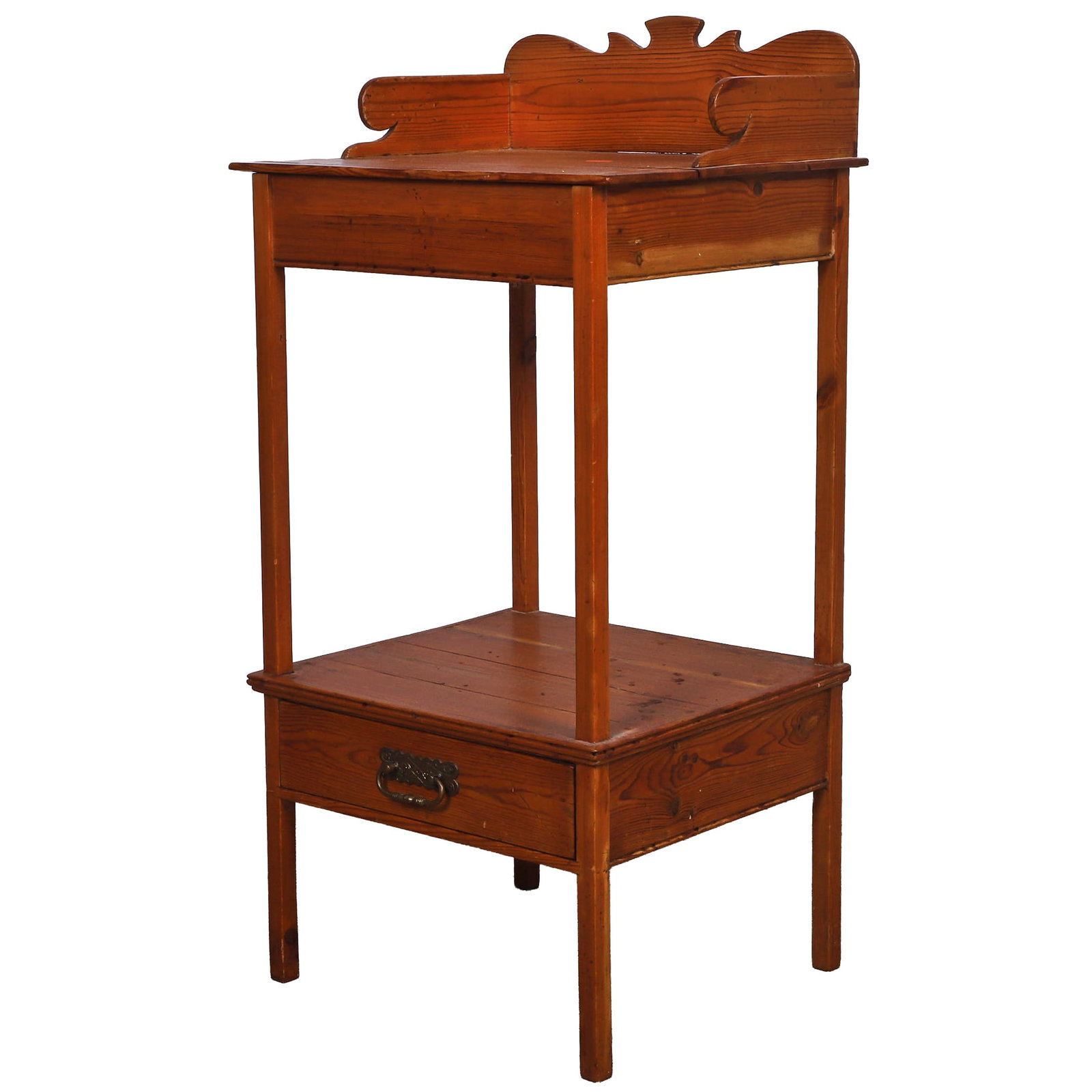 Country Pine Washstand, Late 20th C.: Country Pine Washstand, Late 20th C. Country Pine Washstand, decoratively scalloped plate rack backsplash, open lower shelf, single drawer with brass hardware, 37"h x 18 1/2" w x 15 1/2 d.