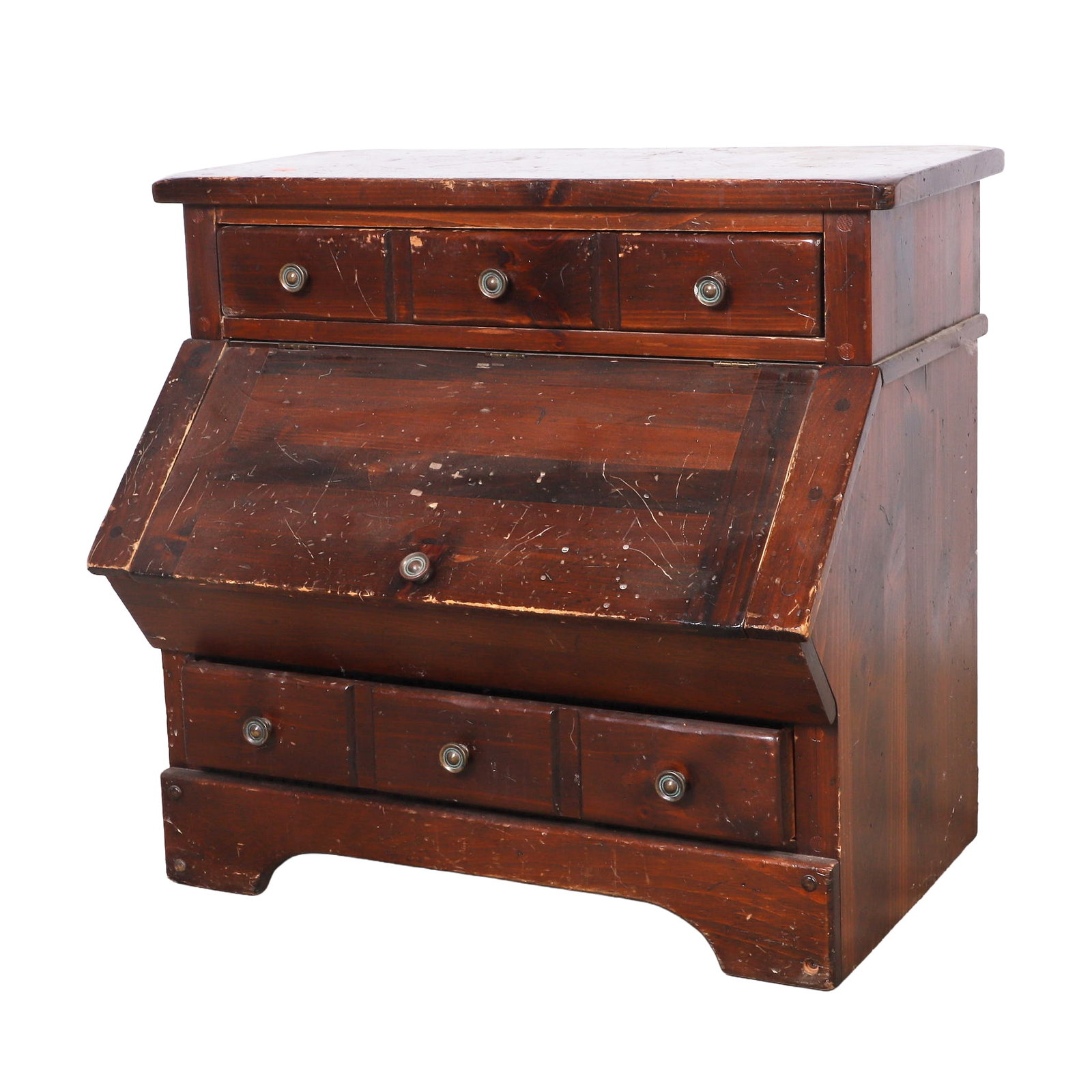 Late 20th C Dry Goods Bin: Late 20th C Dry Goods Bin Late 20th C Dry Goods Bin, slant front lift lid compartment, having a faux 3 drawer single drawers above and below, turned knobs bracket feet, wear consistent with use and ag