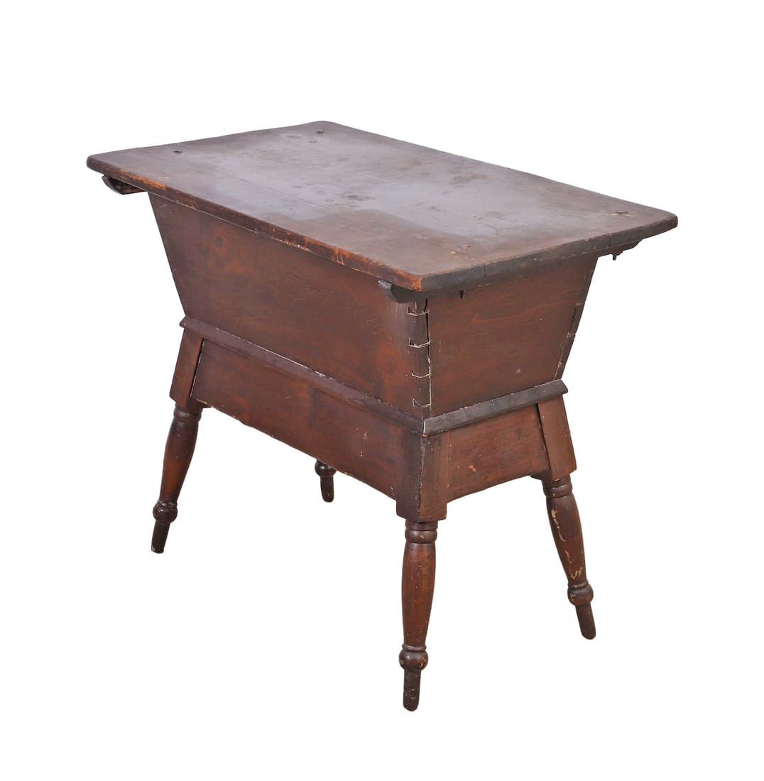 American Lidded Dough Box On Stand, 19th C.: American Lidded Dough Box On Stand, 19th C. American Lidded Dough Box On Stand With Turned Legs, 30" h x 38" x 21" d (condition consistent with age some scratches and losses on lid).