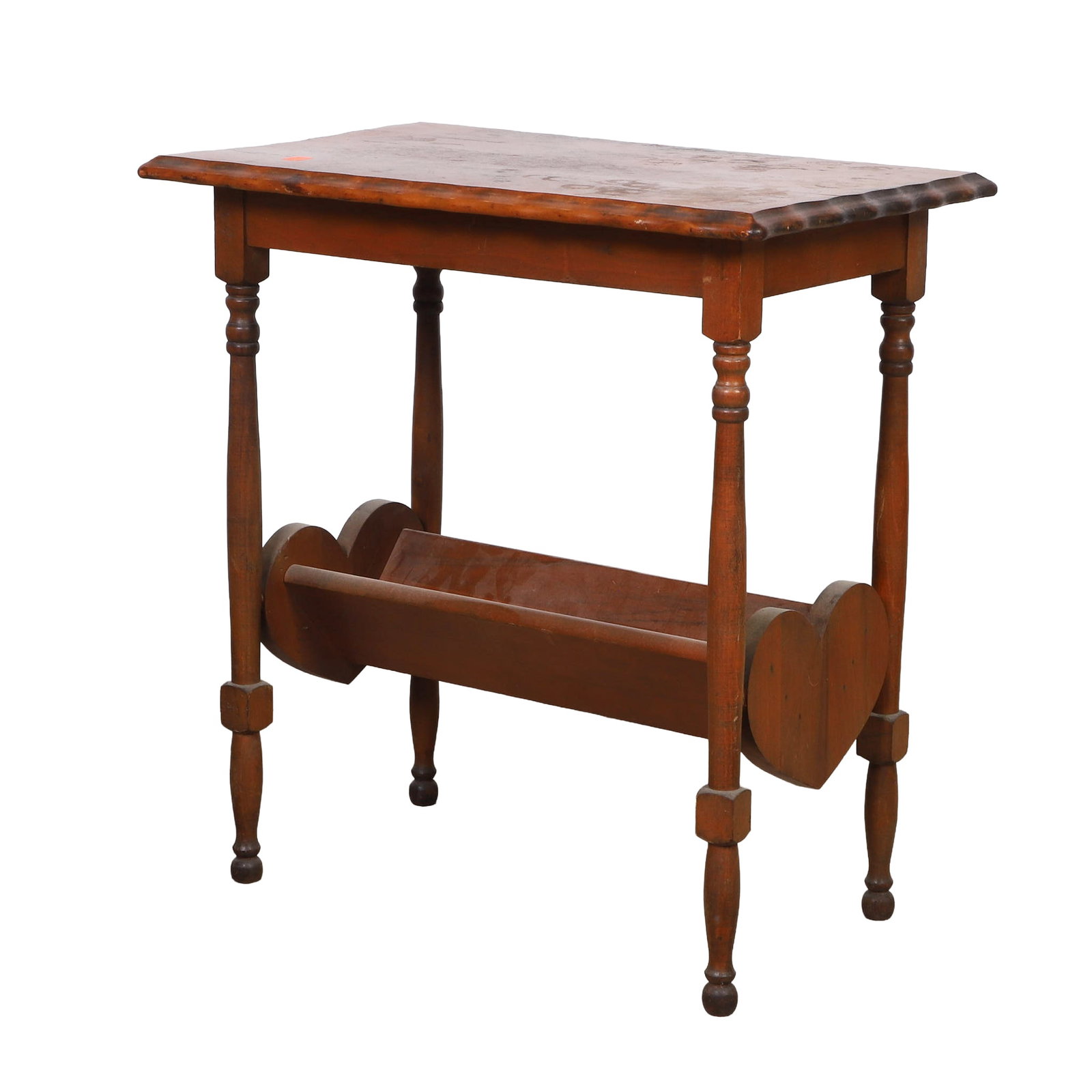 Endearing Heart Motif Maple Bookstand, Early 20th C.: Endearing Heart Motif Maple Bookstand, Early 20th C. Retailed by JB Van Sciver. A scalloped top over turned legs and a canted shelf with heart-shaped end caps. 24" H x 23' W x 13' D