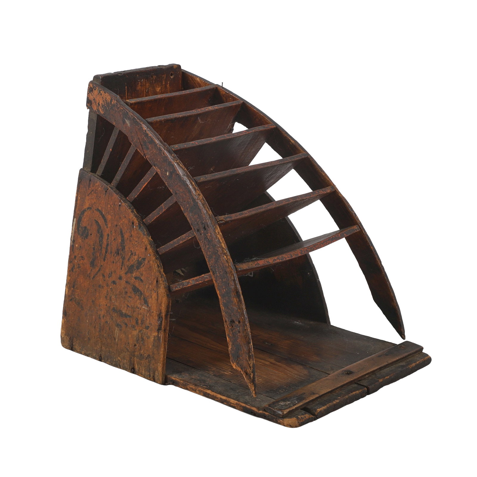 Antique Wooden 'Mack's Fancy Bag Rack' Turn of the Century, American: Antique Wooden 'Mack's Fancy Bag Rack' Turn of the Century, American Primitive general store 'Mack's Fancy Bag Rack' with seven numbered slots for all sizes of bags. Floral painted siding, wear from a