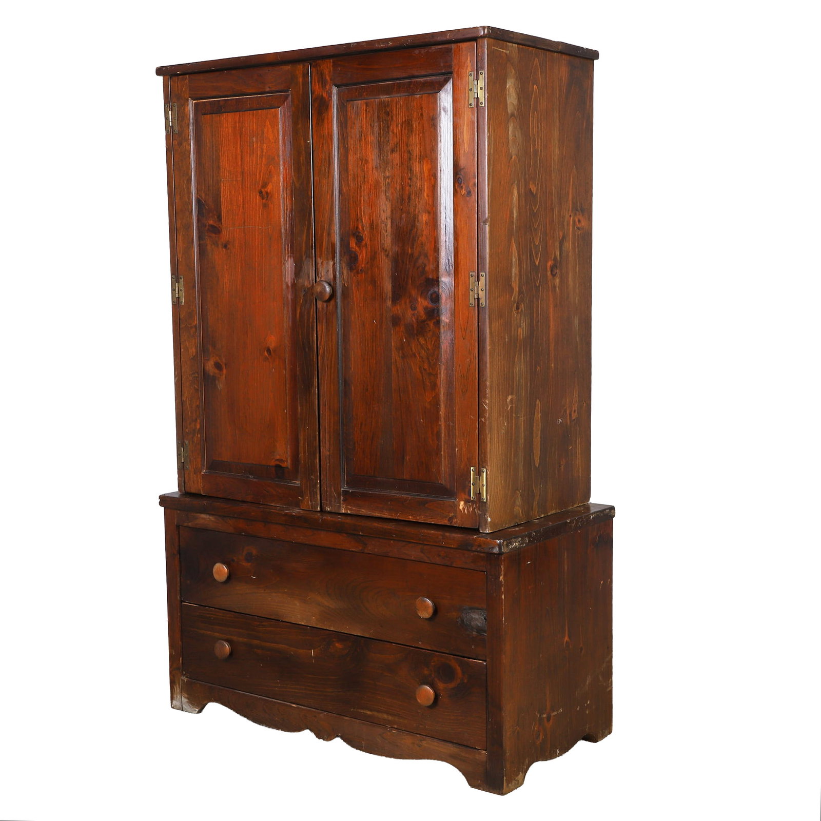 Pioneer Furniture Bench Made Vermont Pine Armoire.: Pioneer Furniture Bench Made Vermont Pine Armoire. In two parts: a two-door raised-panel case over 2 full drawers. Labeled Pioneer Furniture Townshend, Vermont. 67" H x 43" W x 21". Distressed shape, 