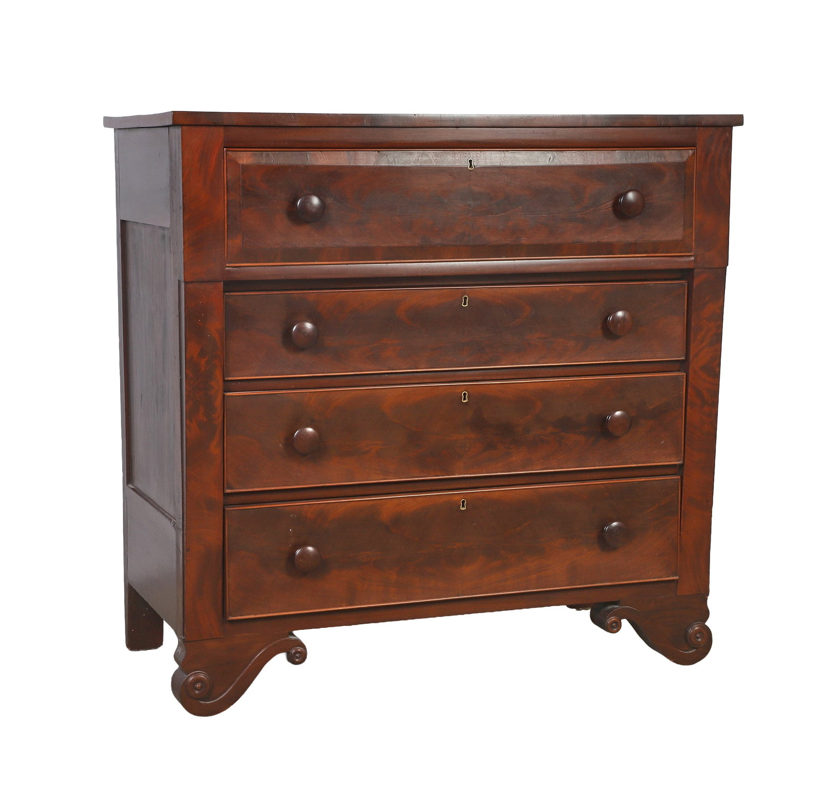 Antique American Empire Mahogany Chest of Drawers: Antique American Empire Mahogany Chest of Drawers Flame mahogany finish. A pendant eave drawer over 3 recessed drawers on volute bracket feet. Locks are in place on all drawers with brass keyhole escu