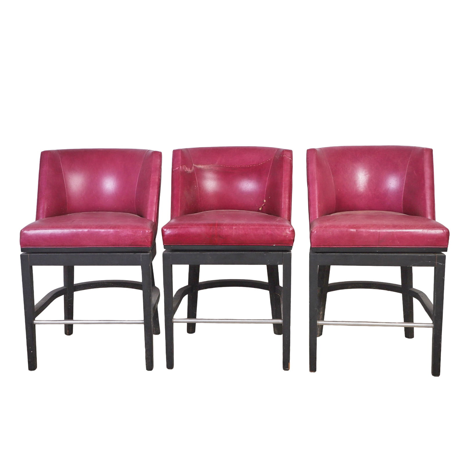 (3) Contemporary Eno Purple Swivel Counter Chairs: (3) Contemporary Eno Purple Swivel Counter Chairs (3) Contemporary Eno Style Purple Swivel Counter Chairs, low backs on black wooden bases, U-shaped stretchers, 37 1/2" H x 22"w x 18" d (seats have