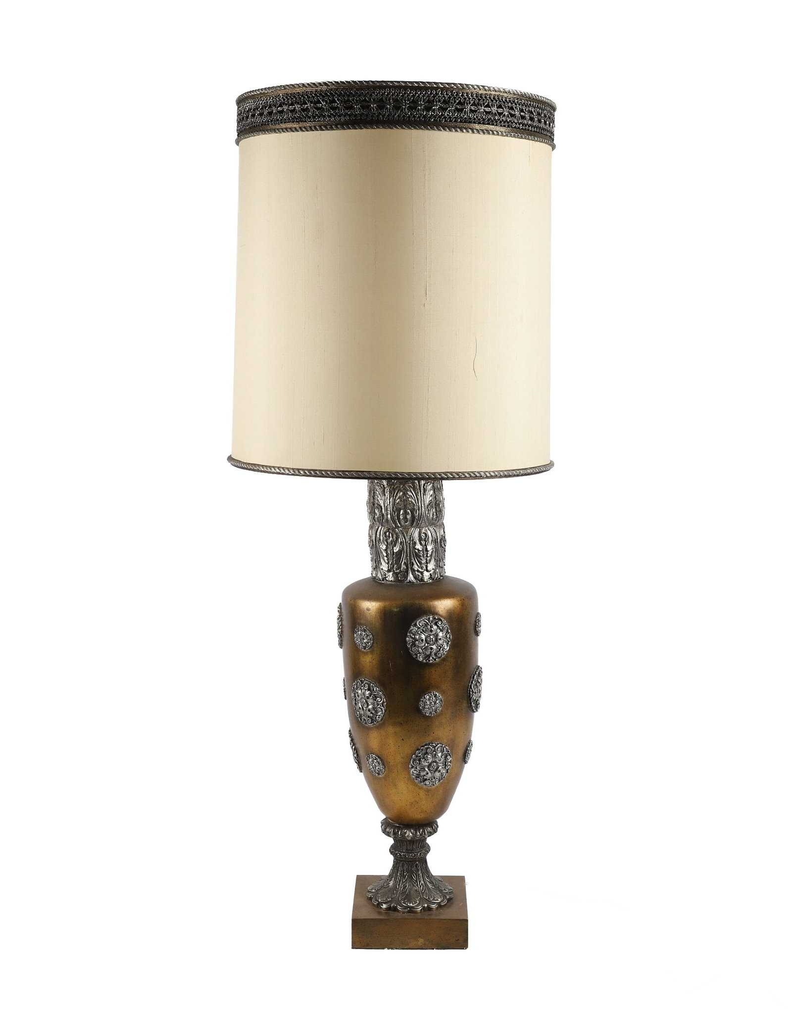 Modern Urn Form Table Lamp: Modern Urn Form Table Lamp Modern Urn Form Table Lamp with bronze tone finish with applied medallions mounted on a square base with cast foliate detailing to feet and neck.
