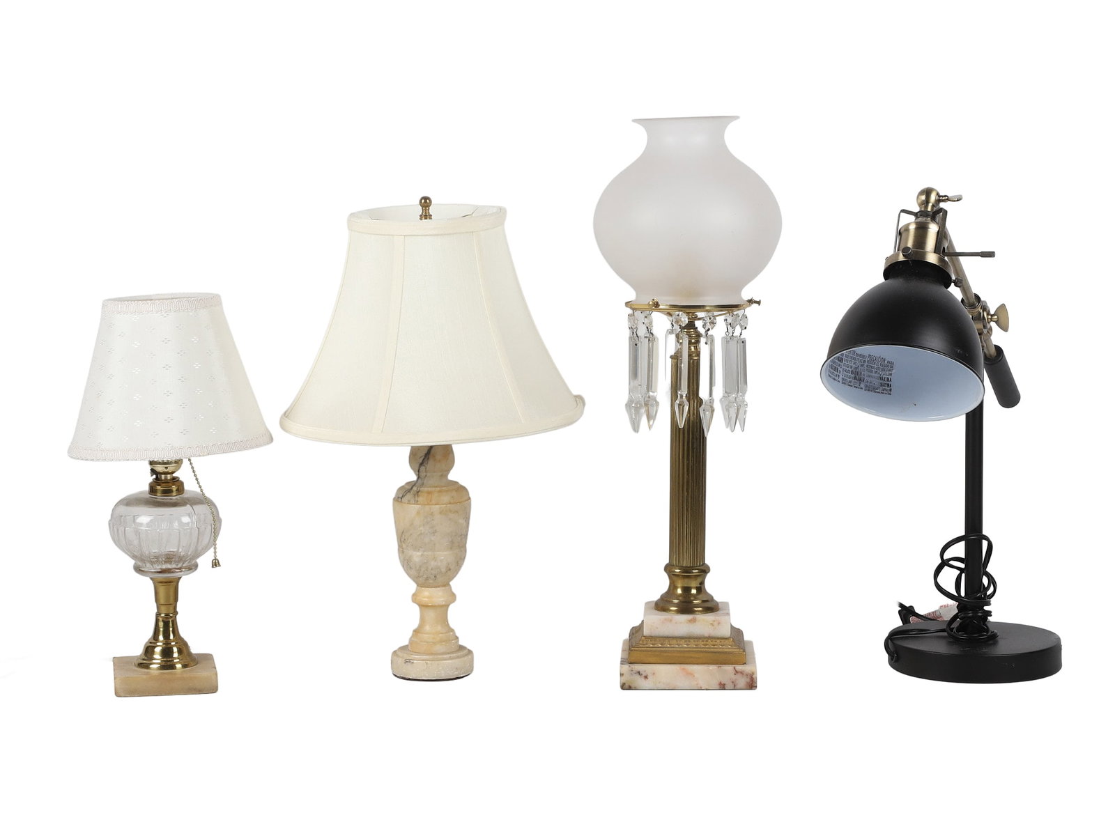 (4) Table Lamps: (4) Table Lamps (4) variety of table lamps to include: 1) 23 1/2"h x 7 1/2"w Art Deco solar lamp marble base, brass stem & crystal decoration with glass shade, one crystal missing. 2) 11 1/4"h (withou